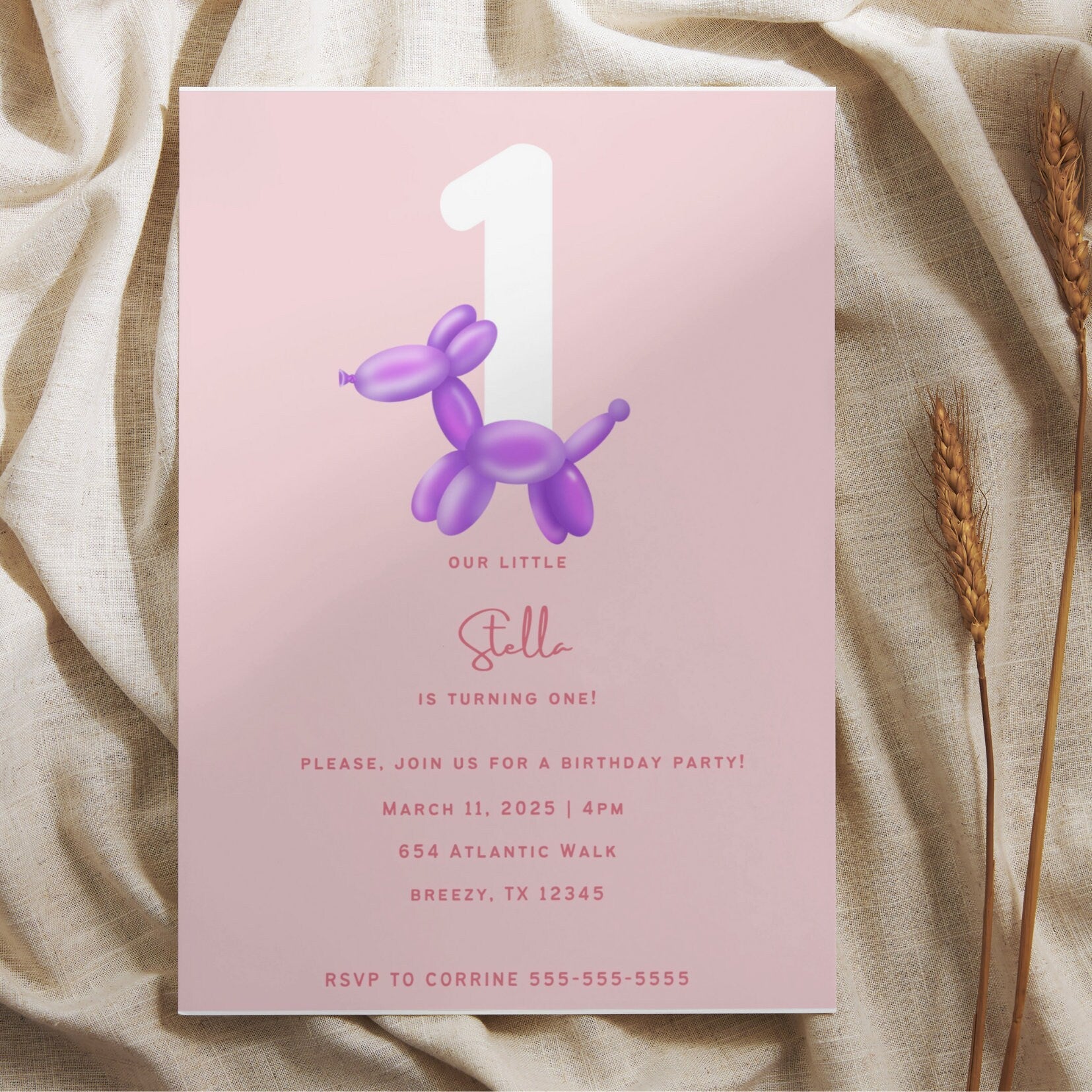 Balloon Animal First Birthday Invitation, Balloon Invitation, 1st birthday party, baby girl birthday, childrens birthday invitation