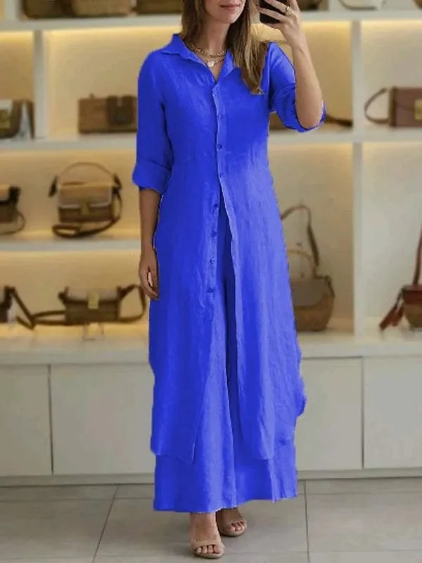 Leinen-Set Damen | Zweiteiler aus langer Bluse und weiter Hose | Luftiger Sommer-Zweiteiler f��r Damen | Atmungsaktiv & Bequem