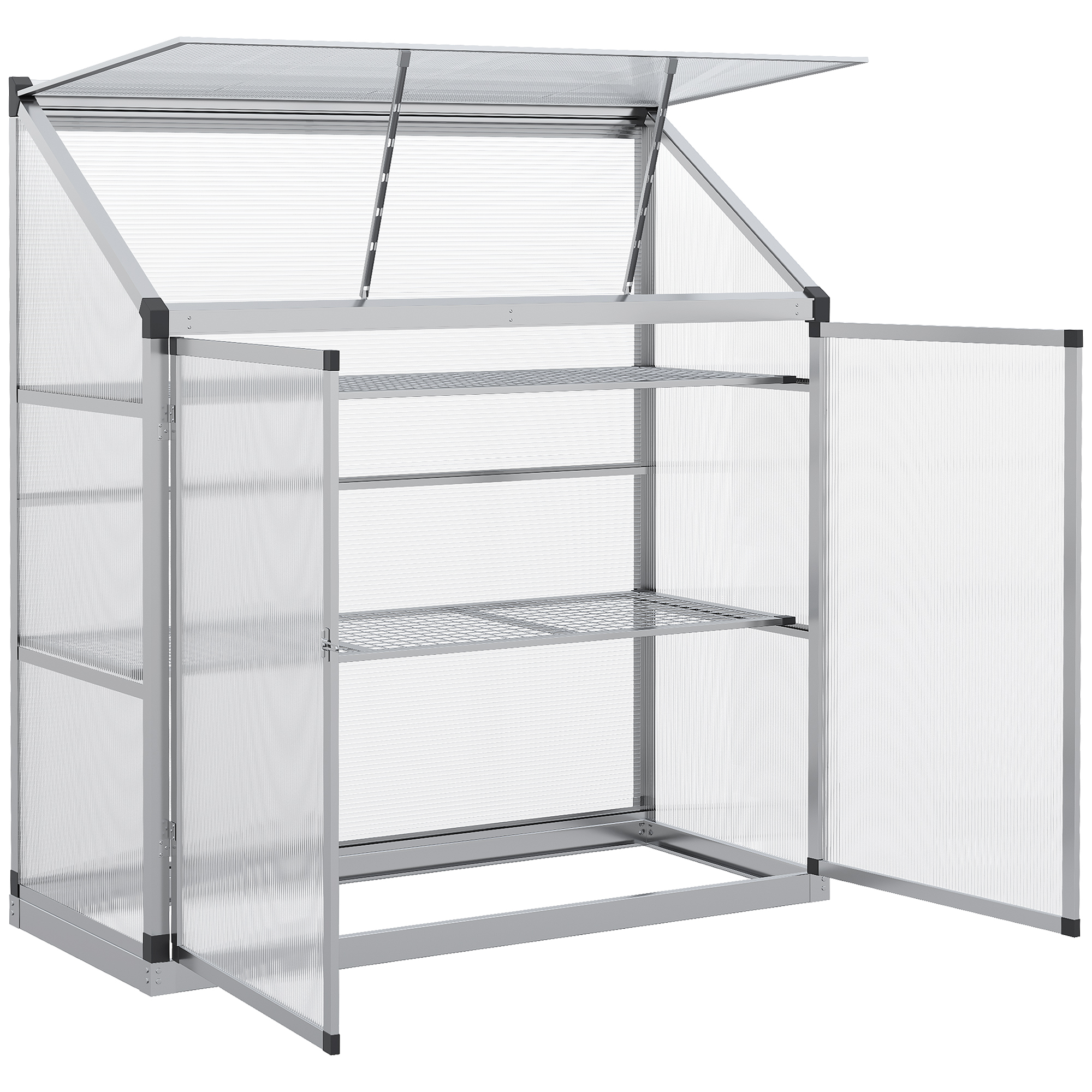 Outsunny serre met funderingsframe, behuizing van polycarbonaat, 2 planken, aluminium frame, 131 x 58 x 139,5 cm
