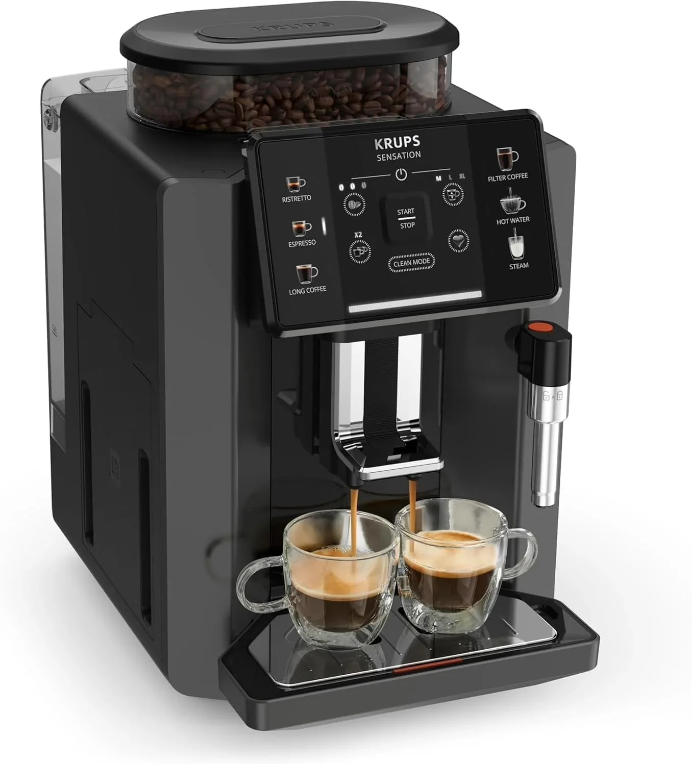 Krups Sensation C50, Superautomatic coffee maker, Power 1450W, Easy use, 5 types of drinks, Easy maintenance, Light alerts, Convenient cleaning, Custom settings, Steam nozzle, EA9108