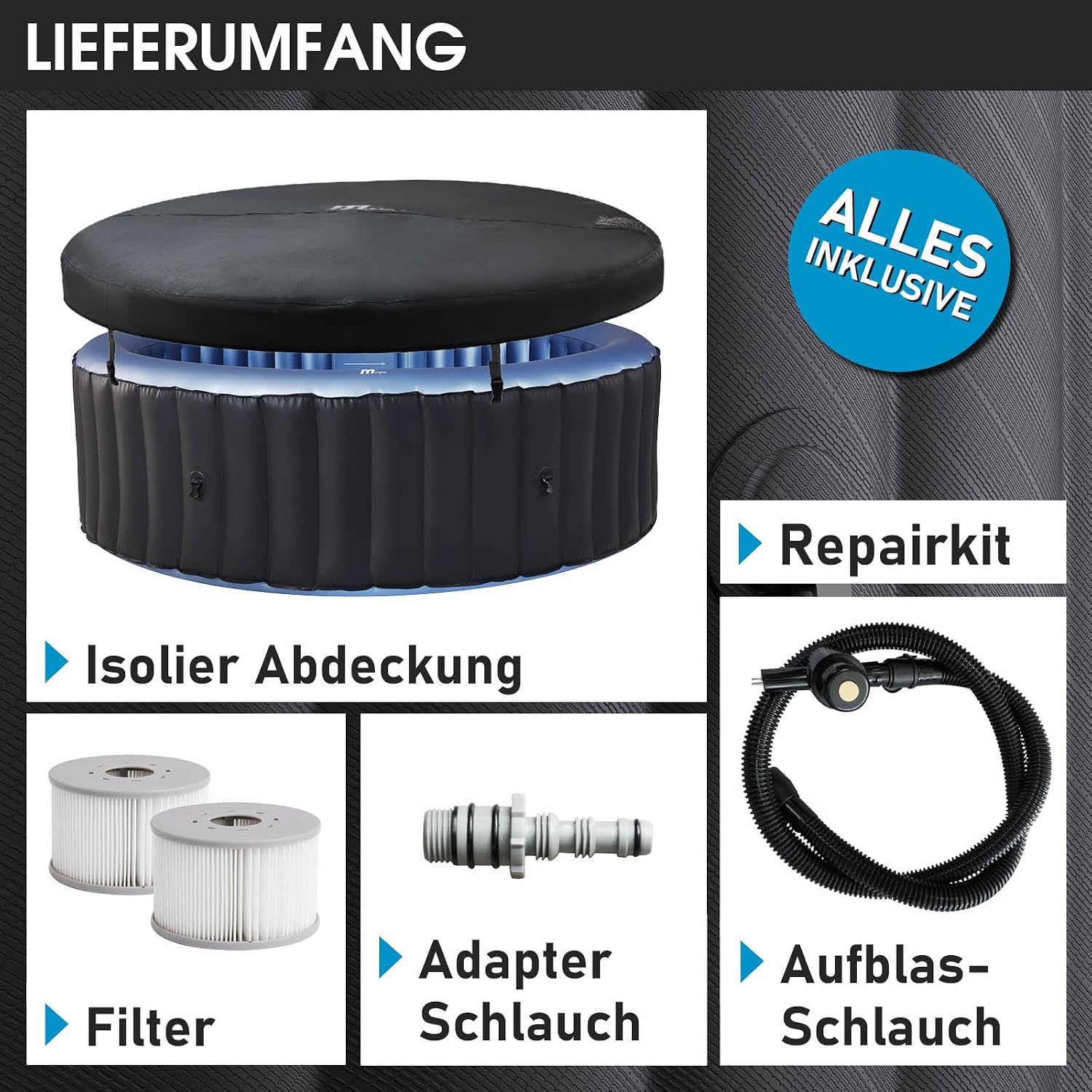 BRAST Whirlpool aufblasbar MSpa Bergen für 4-8 Personen | viele Größen Ø180-224cm | In- Outdoor Pool | Ganzjähriger Einsatz | bis zu 144 Massagedüsen | Stromsparend inkl. Energiespar-Timer | Bergen 6