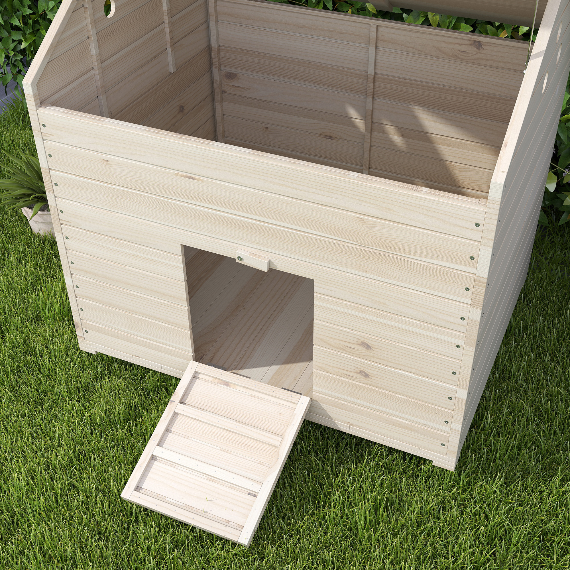 PawHut Eendenhuis met Opklapbaar Schuindak, Pluimveehuis met Verhoogde Bodem en Helling, Dennenhout, 100 x 82,5 x 91 cm