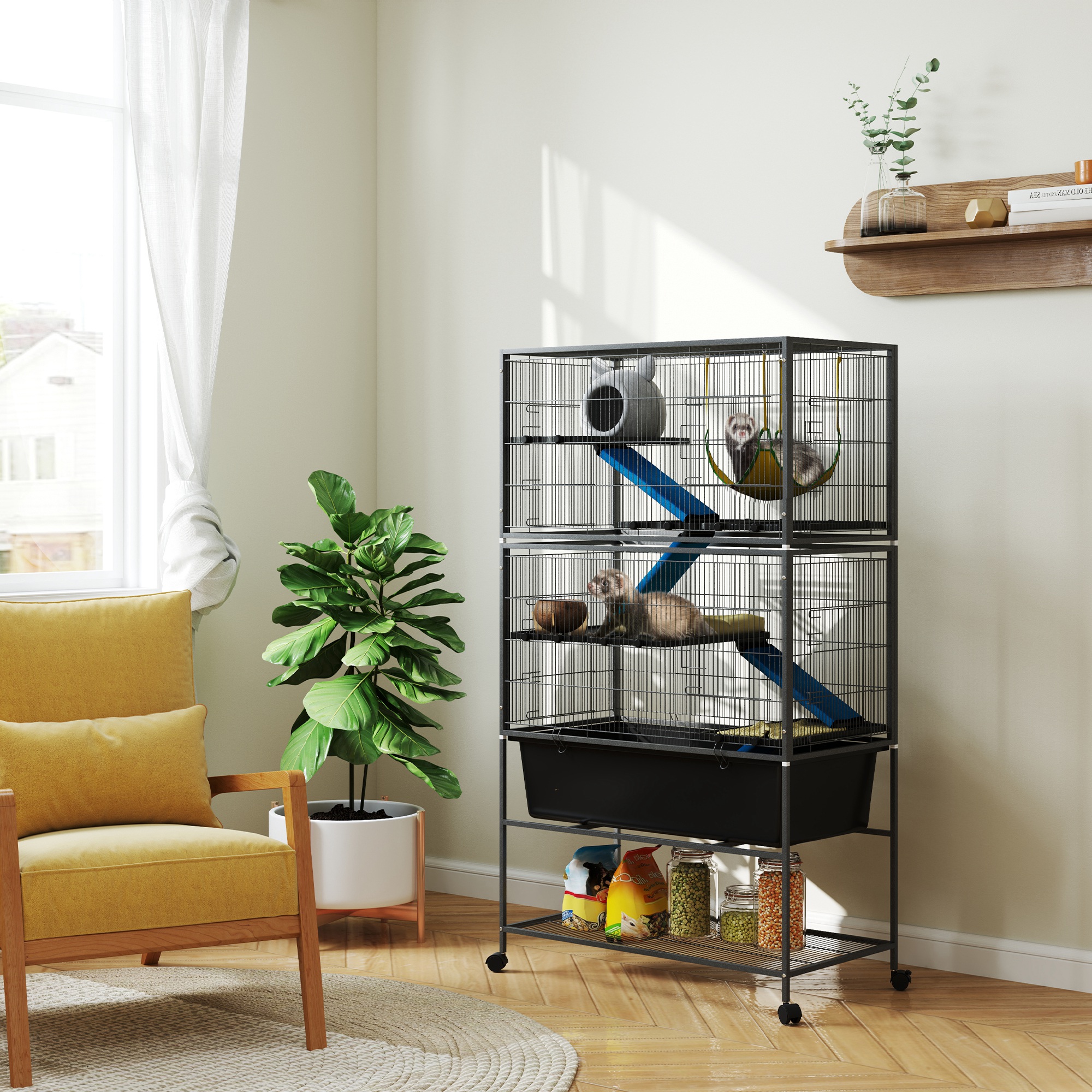 PawHut Kleindierenkooi, Huisdierkooi met 5 Niveaus, Anti-Slip Rampen, Hangmat, 88 x 48 x 150,5 cm, Donkergrijs