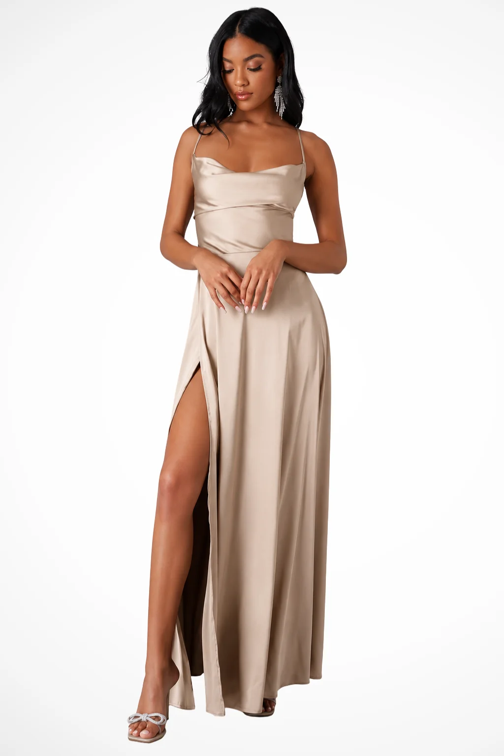 Damen Satin Maxikleid mit Wasserfall-Ausschnitt & Seitenschlitz - Elegantes Abendkleid f��r Hochzeitsg?ste & festliche Anl?sse