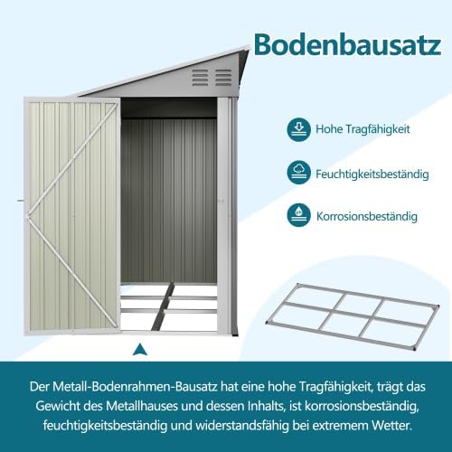 Geräteschuppen Metall 4 x 10 Fuß Anlehn-Design, Gerätehaus mit Fenster & Pultdach, wetterfester Stahlschuppen als Fahrradgarage für 2-3 Fahrräder, Mülltonnenbox & Gartengerätehaus, abschließbar, Grau
