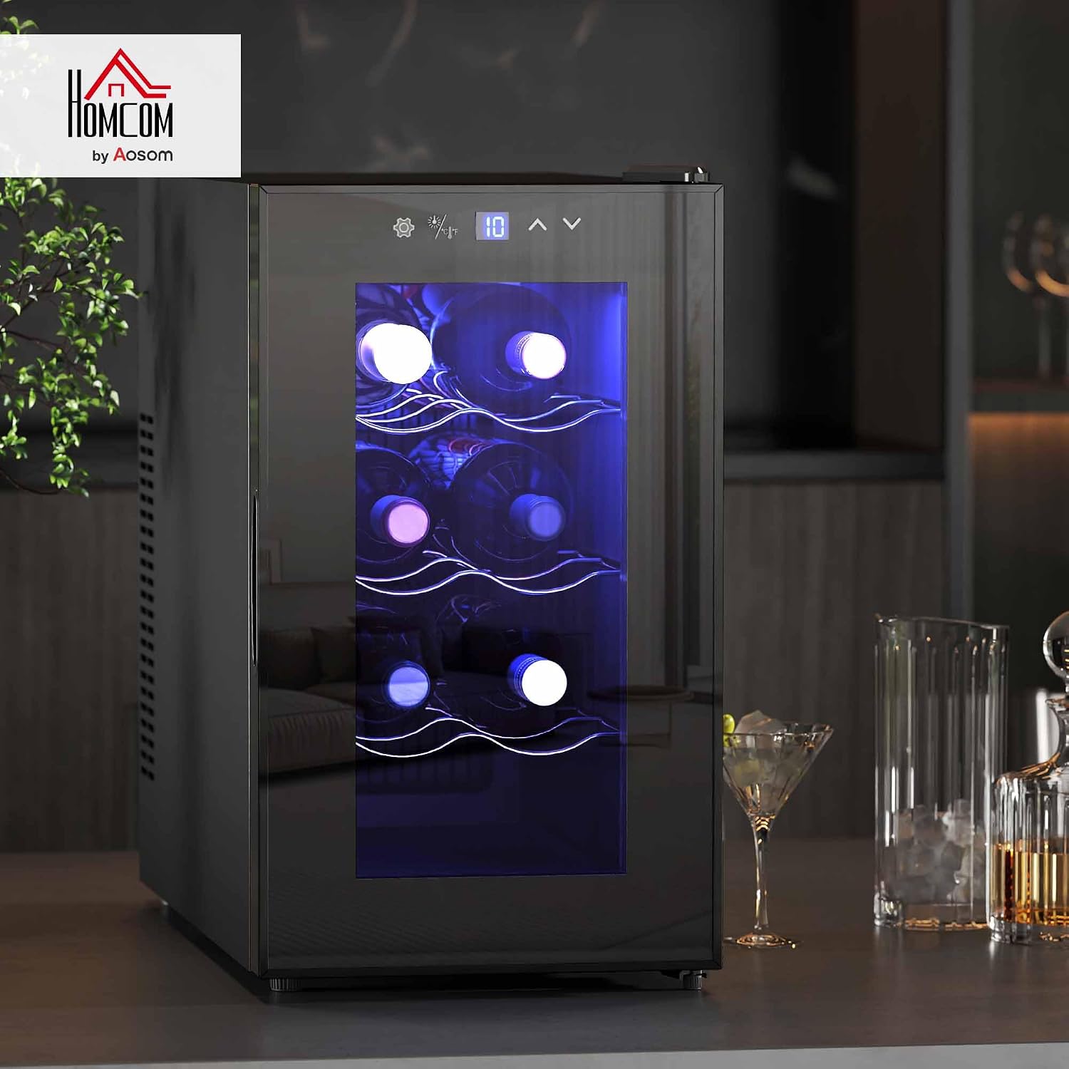 HOMCOM Cave à Vin 8 Bouteilles 21L, Température réglable 8-18°C | Réfrigérateur à vin et boissons avec porte en verre trempé anti-UV, étagères ajustables, écran tactile, éclairage LED, noir