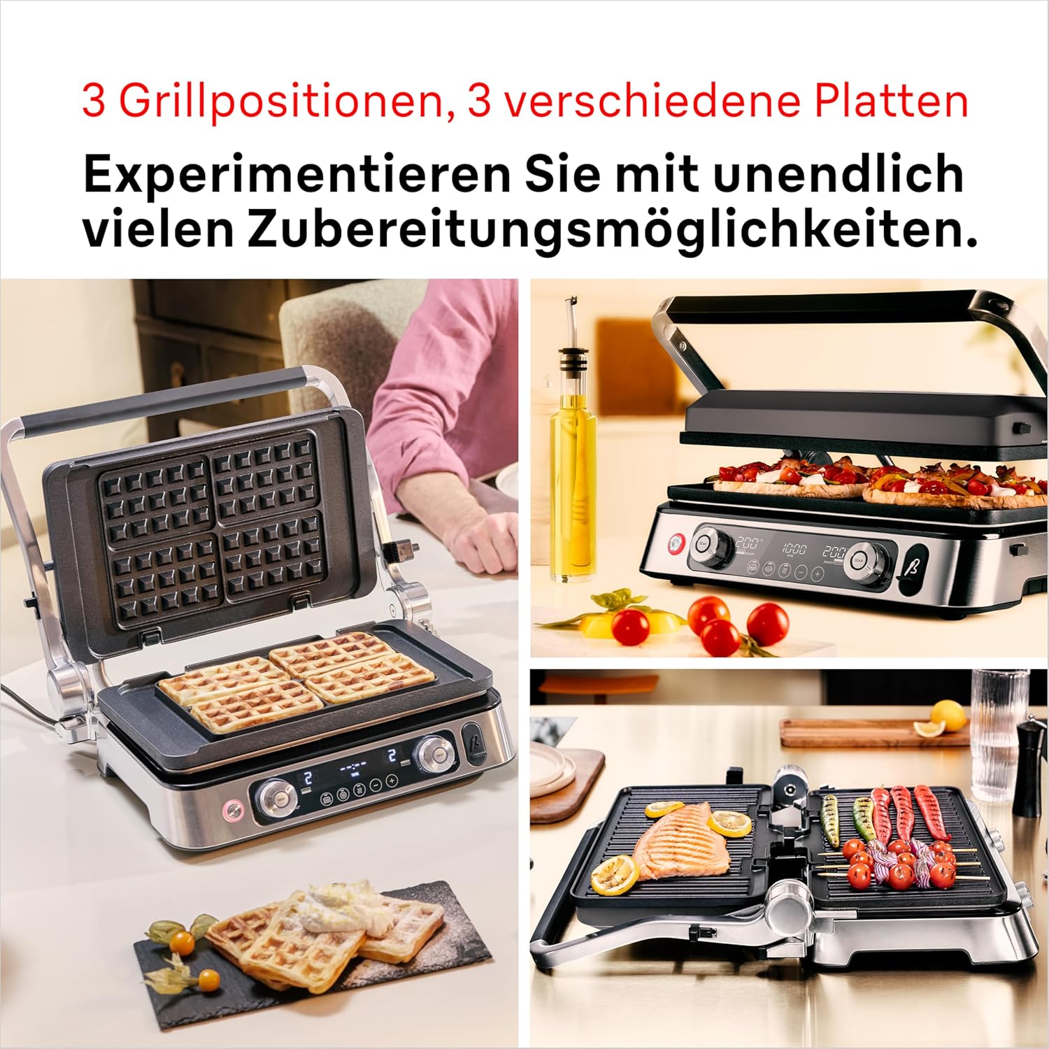 Braun MultiGrill 9 Pro CG 9160, Elektrogrill mit 2 unabhängigen Thermostaten, 3 Kochpositionen, spülmaschinenfeste Platten, integrierte Thermosonde, 2200 W, Schwarz/Edelstahl