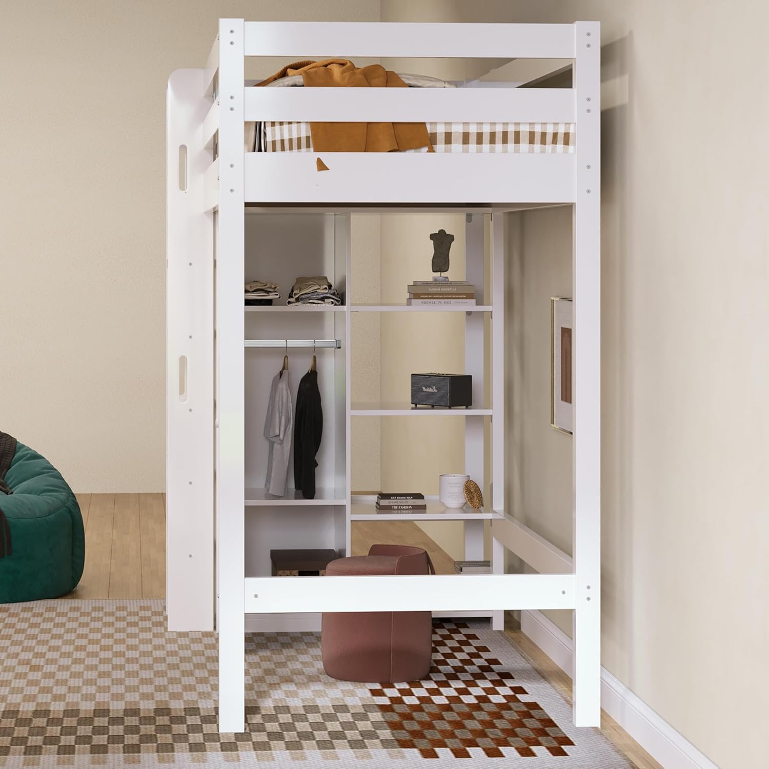 Hochbett Kinderbett 90x200 cm mit Kleiderschrank, Etagenbett Bett mit Stauraum Regalen, Einzelbett mit Leiter und Rausfallschutz, Jugendbett mit Lattenrost, Ohne Matratze, Weiß