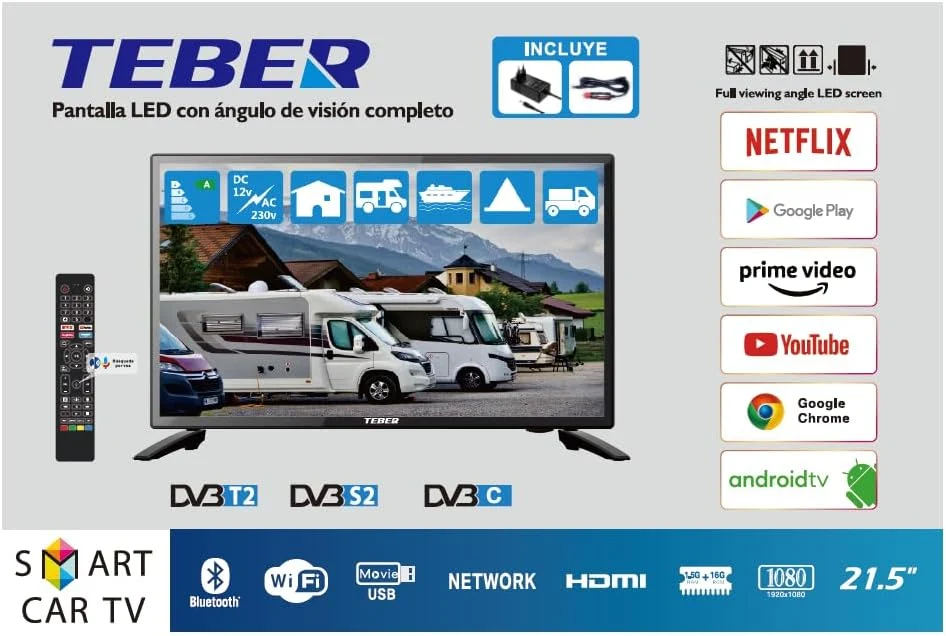 Televisor Smart TV de 22 Pulgadas. con Adaptador de 12v y 230v. Android. Full HD. DVB-S2/C/T2/T. para autocaravanas, Campers, viviendas, caravanas, Barcos. (22 Pulgadas)