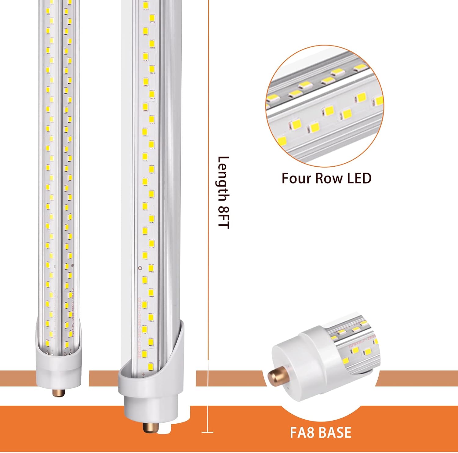 FA8 LED-Leuchtmittel, 2,4 m, Einzelstift, V-förmig, 5000 K, LED-Lampe, 90 W, 12150 lm, transparente Abdeckung, 2,4 m