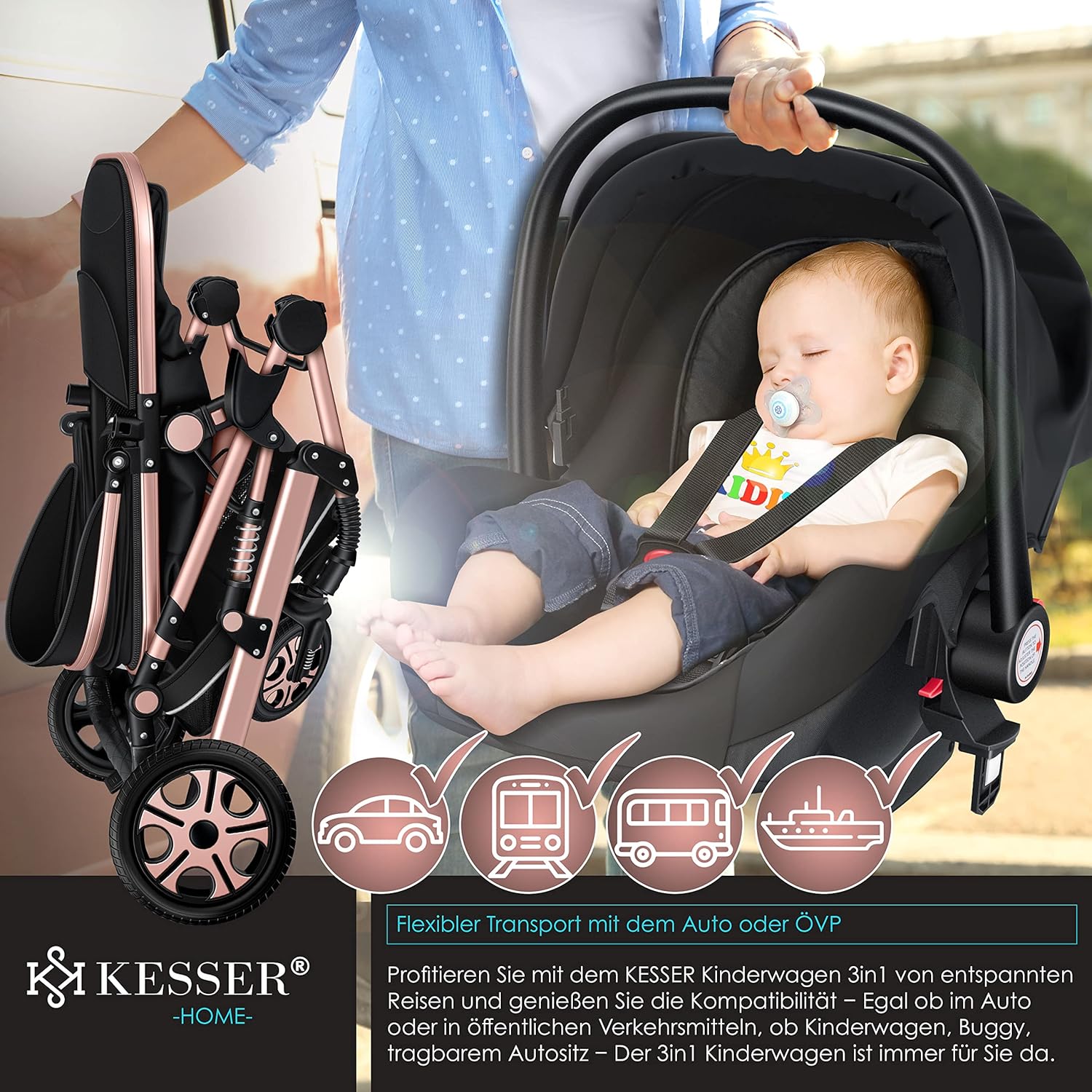 KESSER® Loops 3 in 1 Kinderwagen Kombikinderwagen Komplett-Set inkl. Babywanne & Buggy Sportsitz & Auto-Babyschale Voll-Gummireifen Wickeltasche Regenschutz Kindertisch ECE R129, Schwarz/Champagne