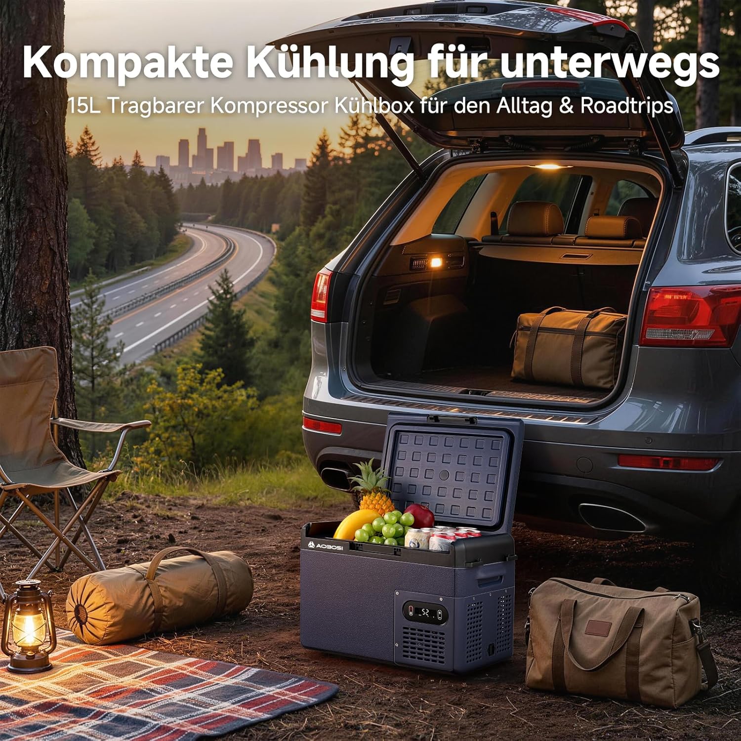 AAOBOSI Kompressor Kühlbox 15L, Tragbare Elektrische Kühlbox 12V/230V, IPX4 Wasserdicht, -20°C bis 20°C - Ideal für Auto, LKW, Boot, Camping, Reisen, Fischen, Garten & Outdoor-Aktivitäten