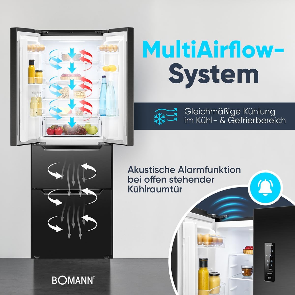 Bomann® Kühlschrank mit Gefrierfach | No-Frost Gefrierteil | 186cm Kühlschrank | 39dB | Kühl Gefrierkombination mit MultiAirflow | 320L | Kühl Gefrierkombination No-Frost | KG 7361 schwarz-inox