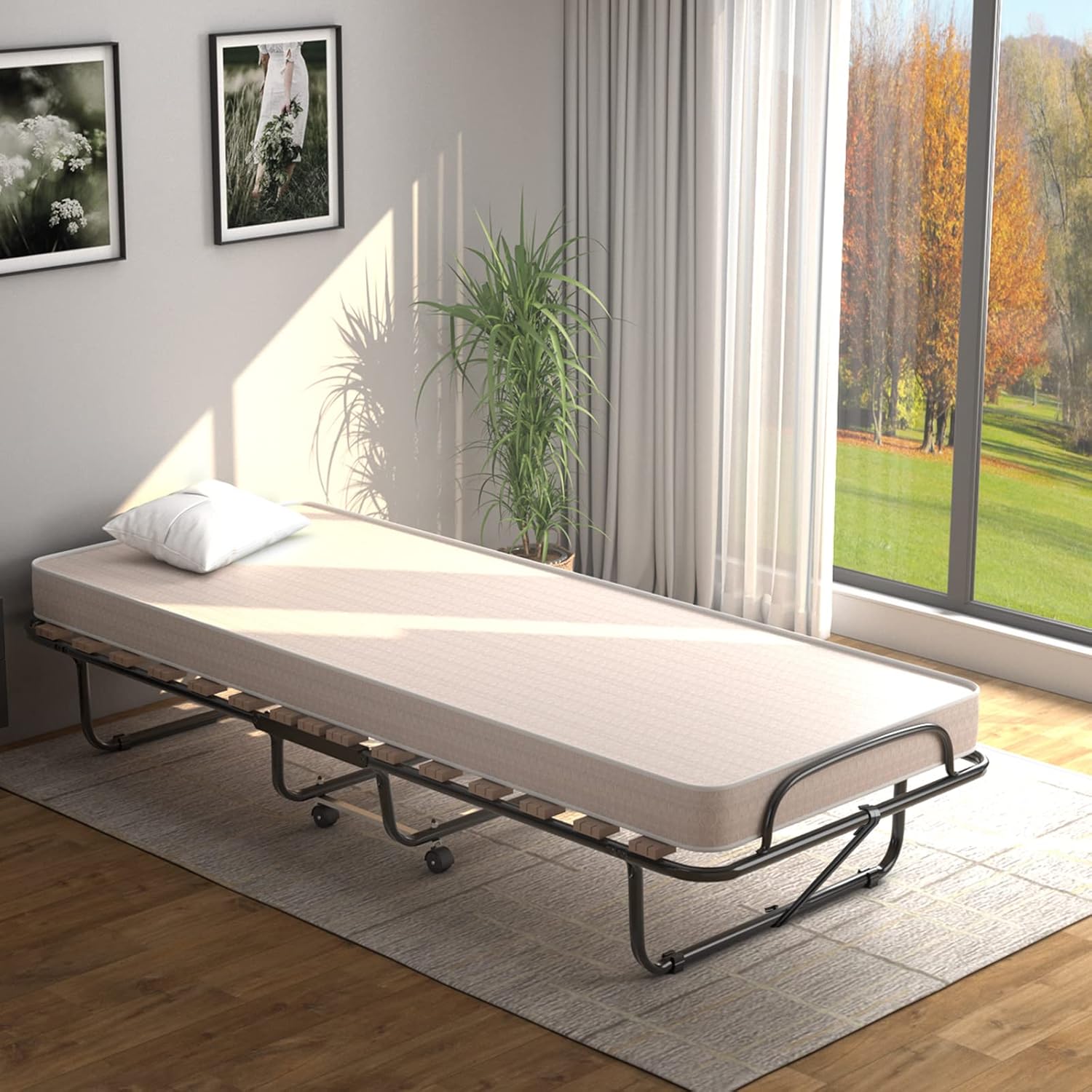 GOPLUS Gästebett 80x190 cm, Klappbett mit Matratze, Stahlrahmen, Einzelbett Erwachsene für Schlafzimmer& Büro (Beige)
