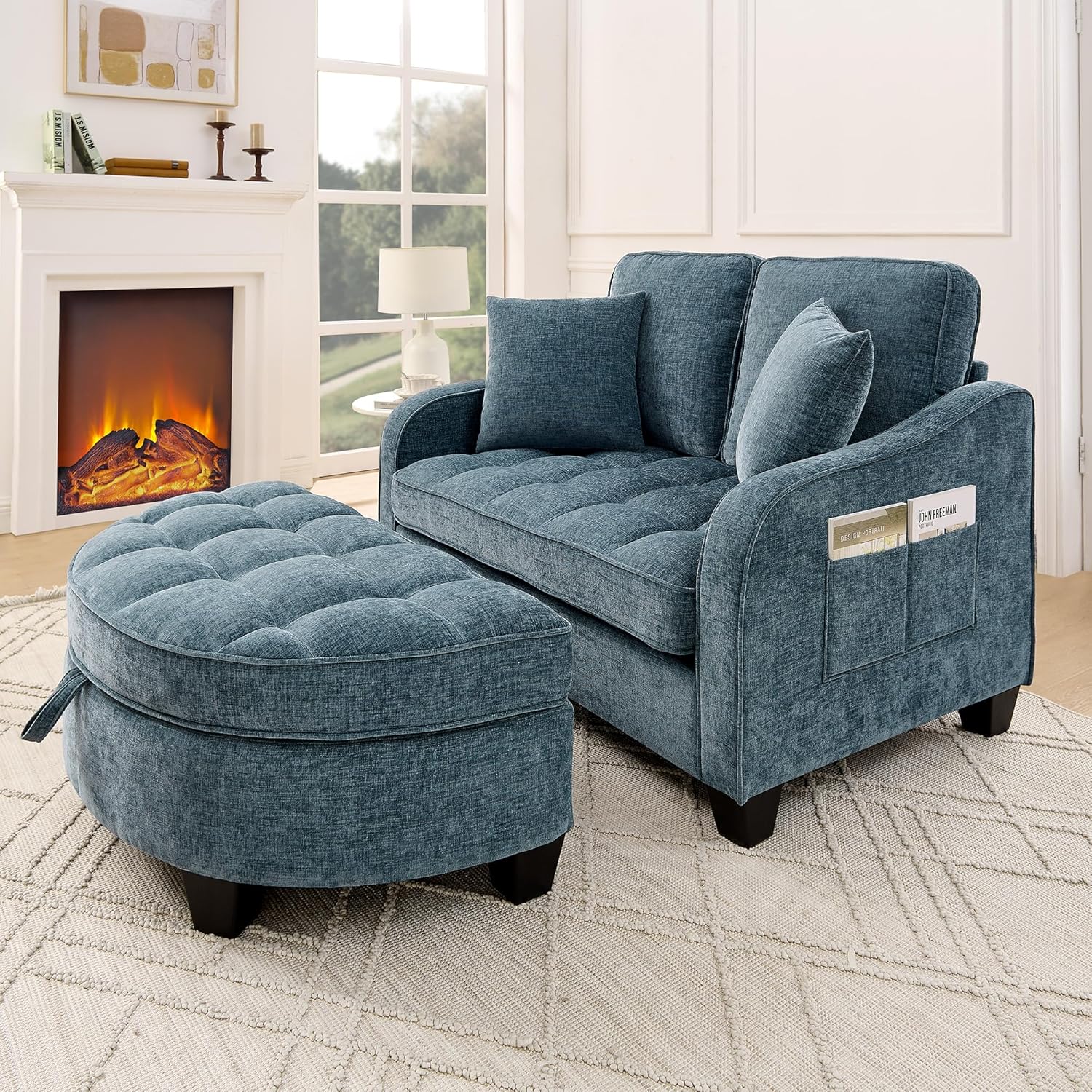 Sofa mit mit Aufbewahrungs-Hocker, Schlafsofa mit Verstellbarer Rückenlehne und Kissen, Klein Sofa, für kleine Wohnzimmer,Studienzimmer,Schlafzimmer,Blau