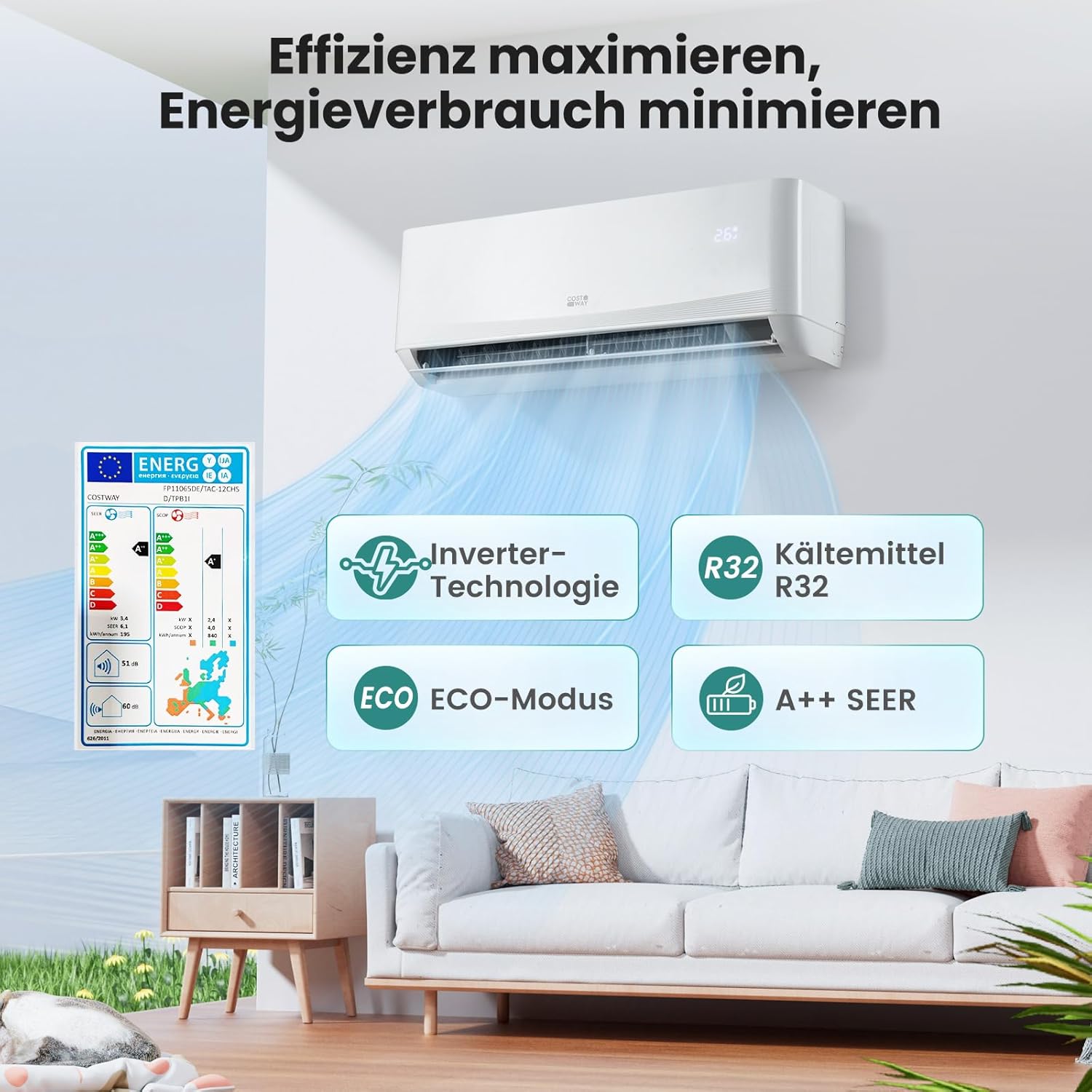 COSTWAY 12000BTU Split Klimageräte, Klimaanlage 3,4kW mit Heizfunktion, Air Conditioner energiesparend inkl. Kupferleitung, Kältemittel R32, Selfclean, Wandmotage für 70m³ Räume