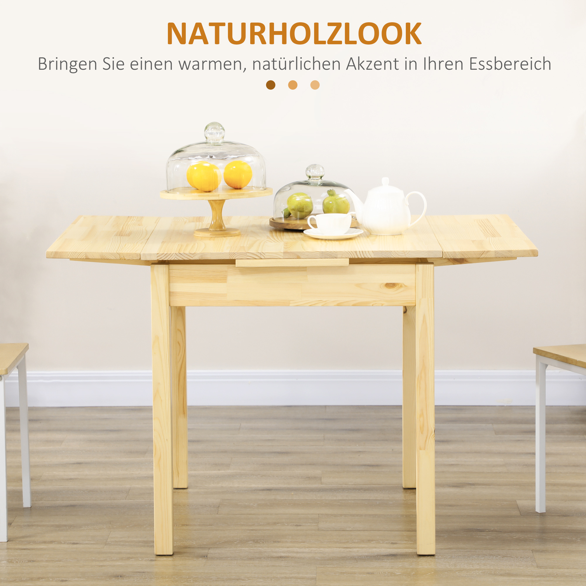 Massief houten eettafel, opklapbare tafel, uitbreidbaar, naturel