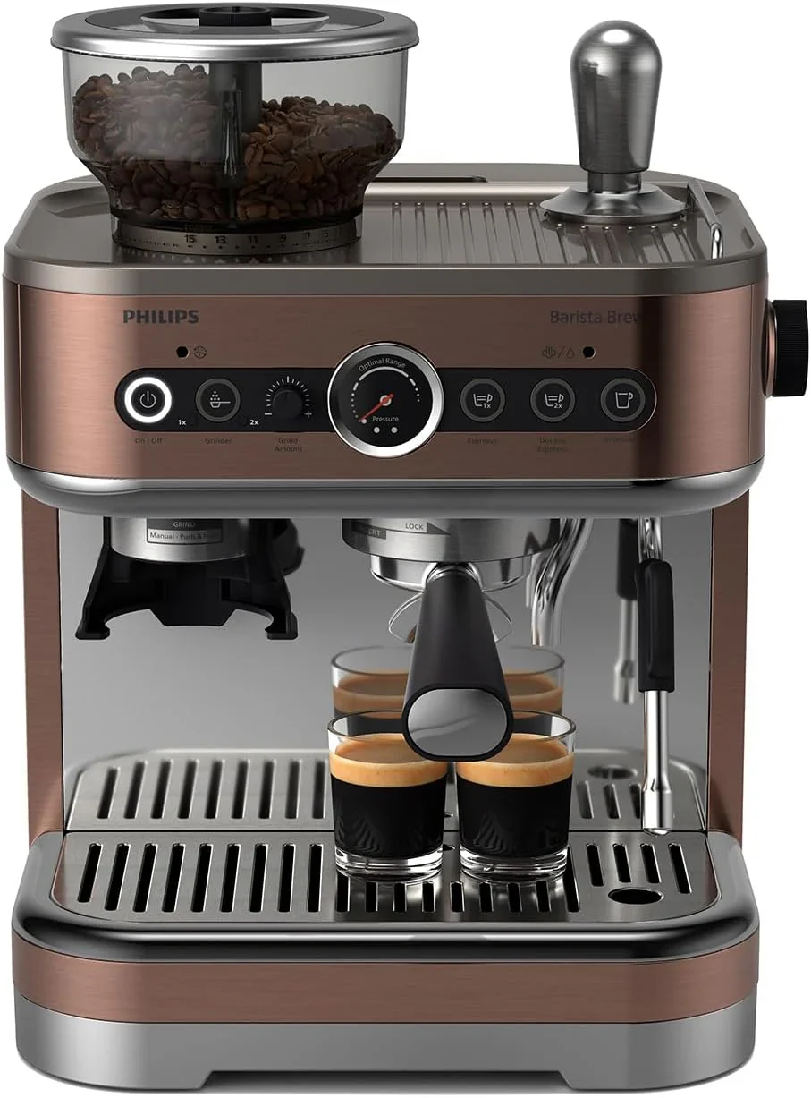 Philips Barista Brew Halbautomatische Espressomaschine - Einfacher  doppelter Espresso + Americano Taste, 250g Bohnenbehälter, Intuitive Führung, Kalibriertes Stampfen, Metall Silber (PSA3218/01)(Bohnenbehälter doppelt)