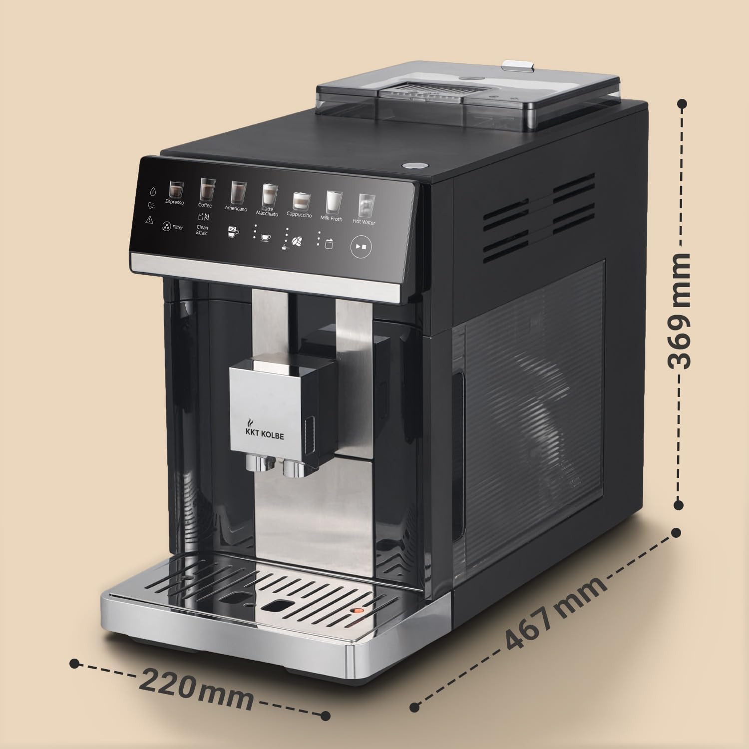 KKT KOLBE One Kaffeevollautomat mit Milchbehälter, Milchschaumdüse und Zubehör, 2 Tassen Funktion, 15 Bar, 7-stufiges Mahlwerk, Touchscreen, Automatische Reinigung, 7 Getränke, schwarz silber