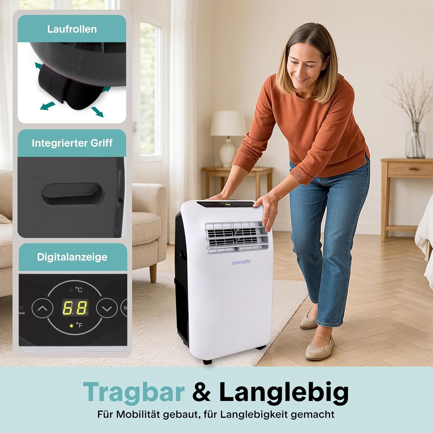 SereneLife Mobile Klimaanlage 2,6 kW 7000 BTU – L52 dB Leises Klimagerät für Schlafzimmer bis 28 m², Angenehme Kühlung an heißen Tagen, mit Entfeuchter, Lüfter & Fernbedienung