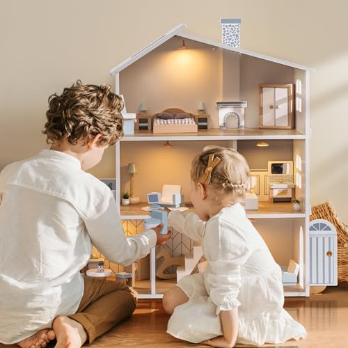 ROBUD Casa delle bambole in legno luci,3 piani, inclusi mobili e scale, giocattoli per bambini dai 3 anni in su : Amazon.it: Giochi e giocattoli