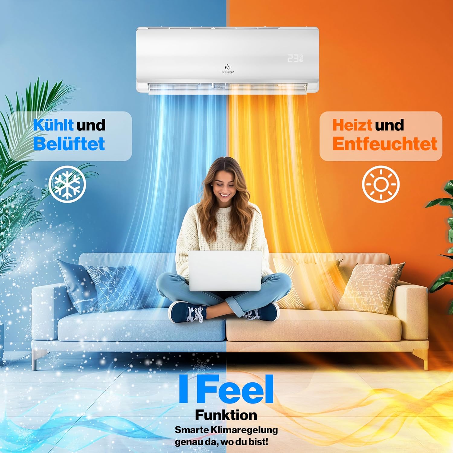 KESSER® Klimaanlage Set Split, WiFi/App Funktion Klimagerät, Kühlen A++/Heizen A+ -9000 BTU/h (2.600 W) sehr leise, Kältemittel R32, Fernbedienung, Timerfunktion, Montagematerial [Energieklasse A++]