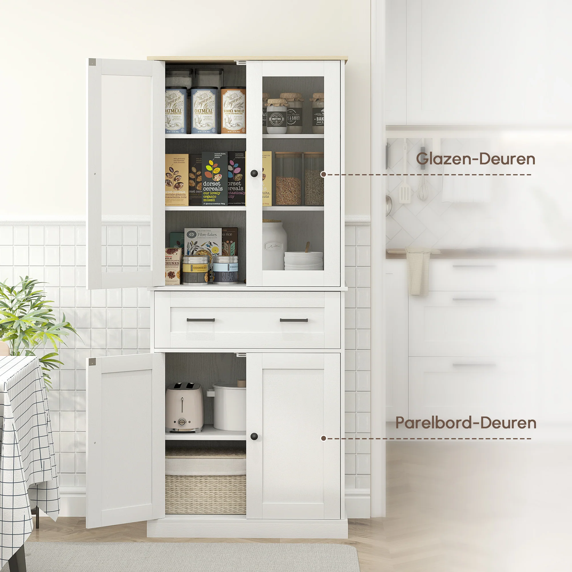 HOMCOM Keukenkast, Buffet, Acrylfront, Lades, 76 x 40 x 182,5 cm, Crèmewit