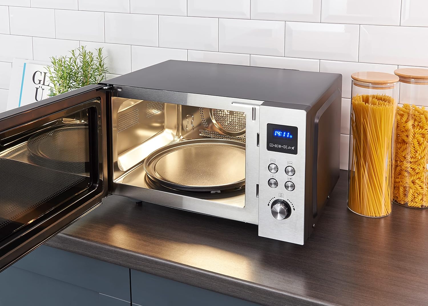 SEVERIN Mikrowelle mit Grill und Heißluftfunktion 3-in-1, zum Auftauen, Garen und Erhitzen, Mikrowelle mit Drehteller, Edelstahl-gebürstet/silber, MW 7774