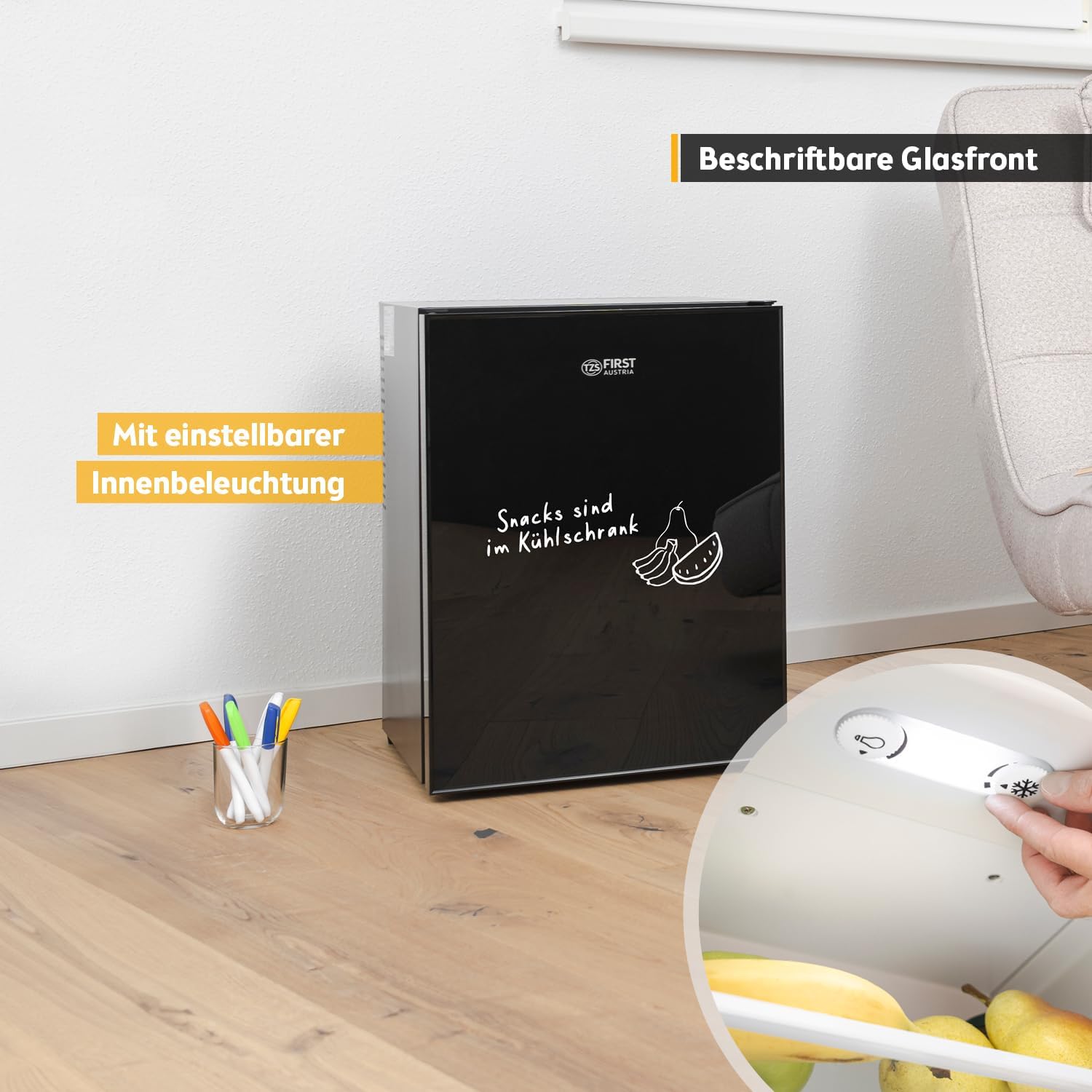 TZS First Austria - Mini Kühlschrank 40L lautlos - Kleiner Minikühlschrank wechselbarer Türanschlag & Innenbeleuchtung - Minibar für Camping, Büro, Schlafzimmer & Hotel - Glasfront