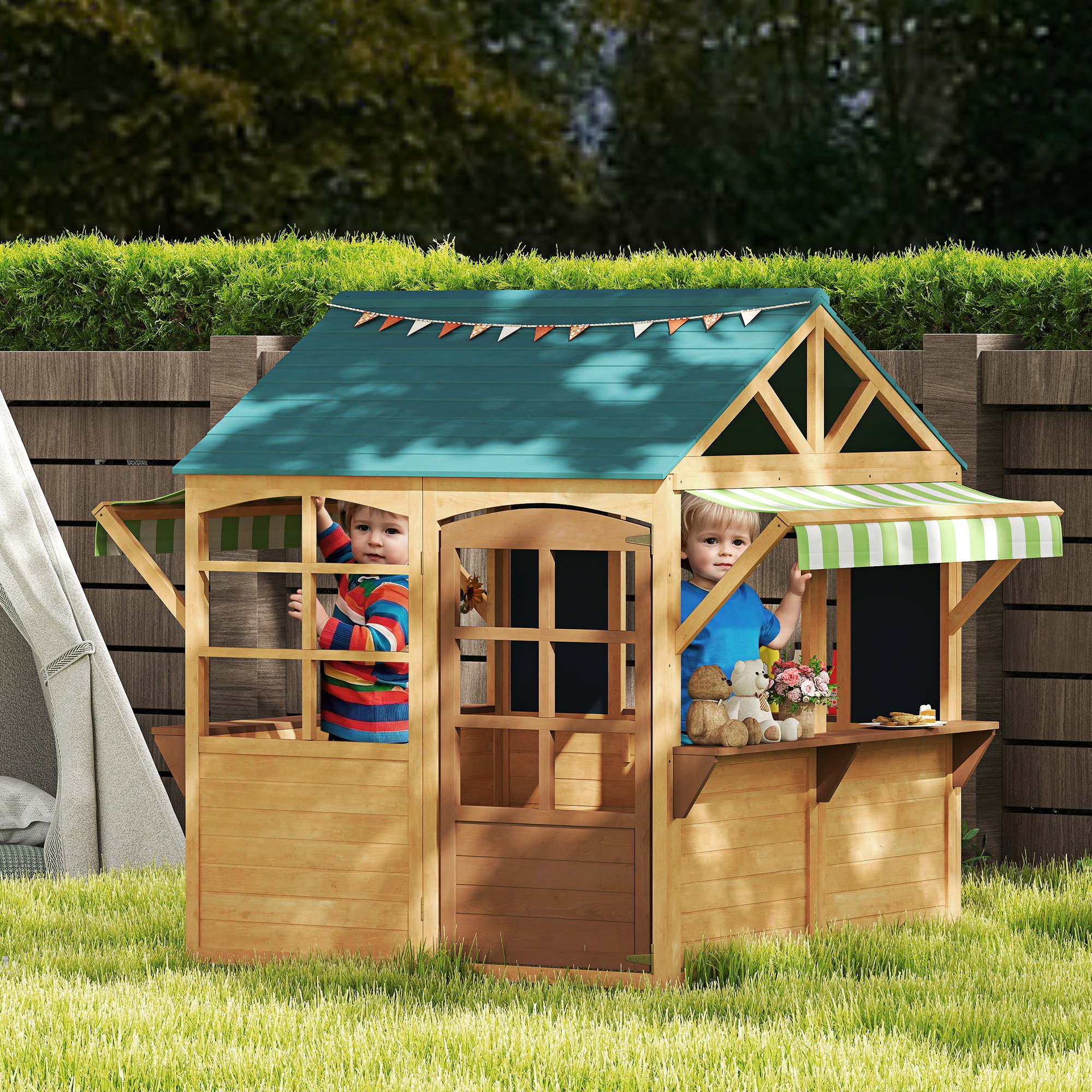 AIYAPLAY Kinder speelhuis van dennenhout, Opvouwbare Speelhut met Vensters, Deur, voor Kinderen van 3-8 Jaar, Bruin+Blauw
