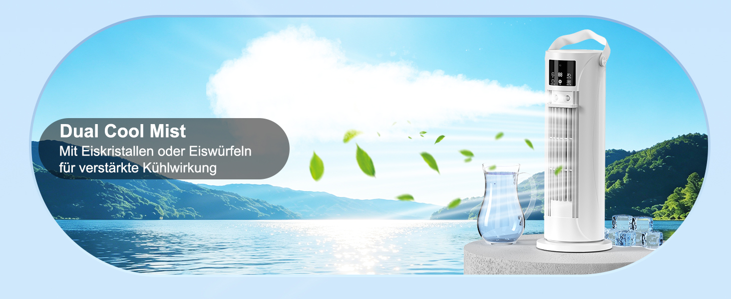 Der Text lautet „Quiet Cool Mist“ und „Humidifier Cool Mist“. Weißer Luftbefeuchter vor blauem Himmelslandschaftshintergrund mit Wassertröpfchen und grünen Blättern.
