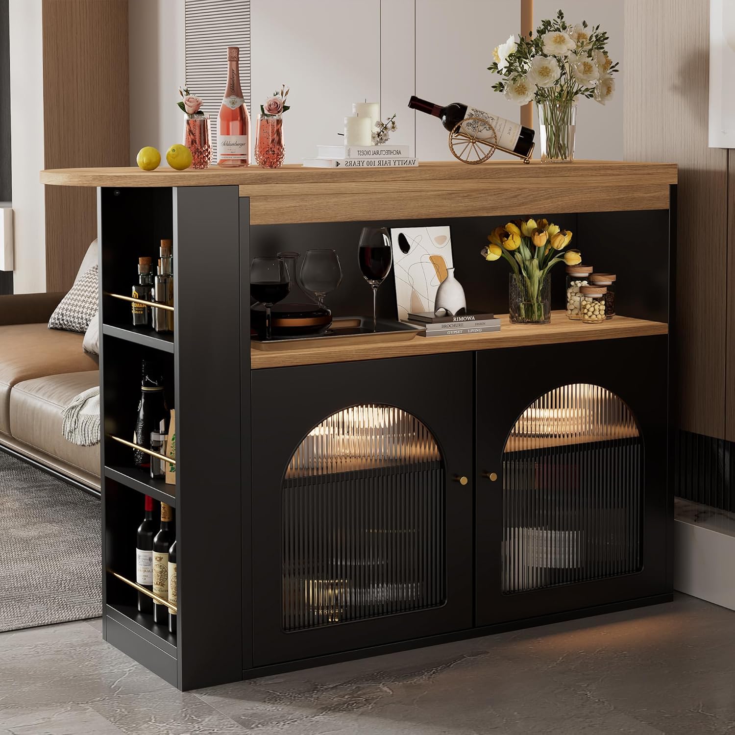 Moderner ausziehbarer Bartisch,Ausziehbarer Esstisch mit Stauraum, Stehtisch Bistrotisch, drehbar, für Esszimmer,Mit 1m langem LED (Schwarz)