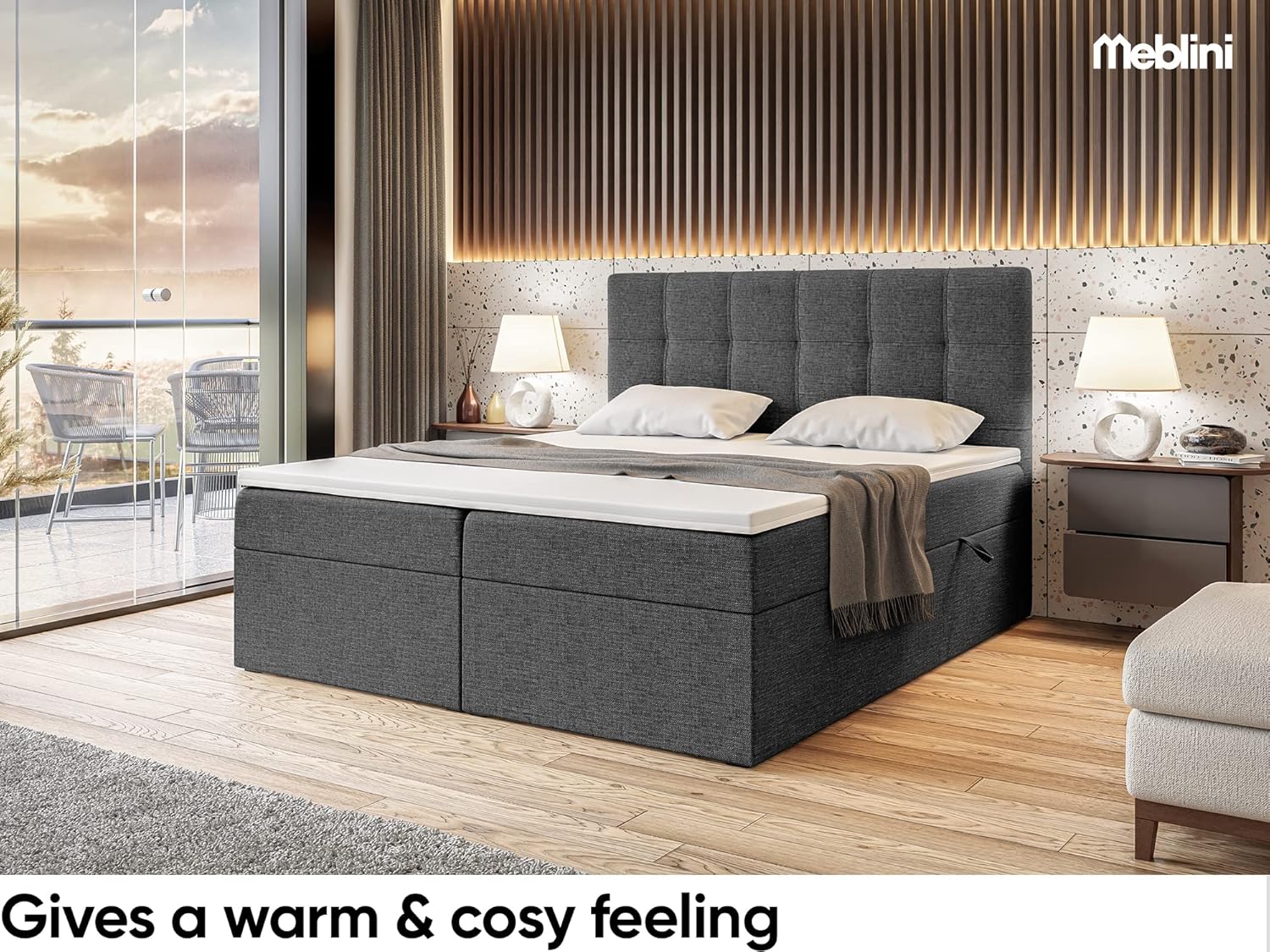 MEBLINI Boxspringbett mit Bettkasten - Gepolstert Doppelbett mit Matratze und Topper - Polsterbett mit Stauraum - Bett mit Kopfteil - Stauraumbett - NILS - 140x200 - H3/Dunkelgrau Webstoff