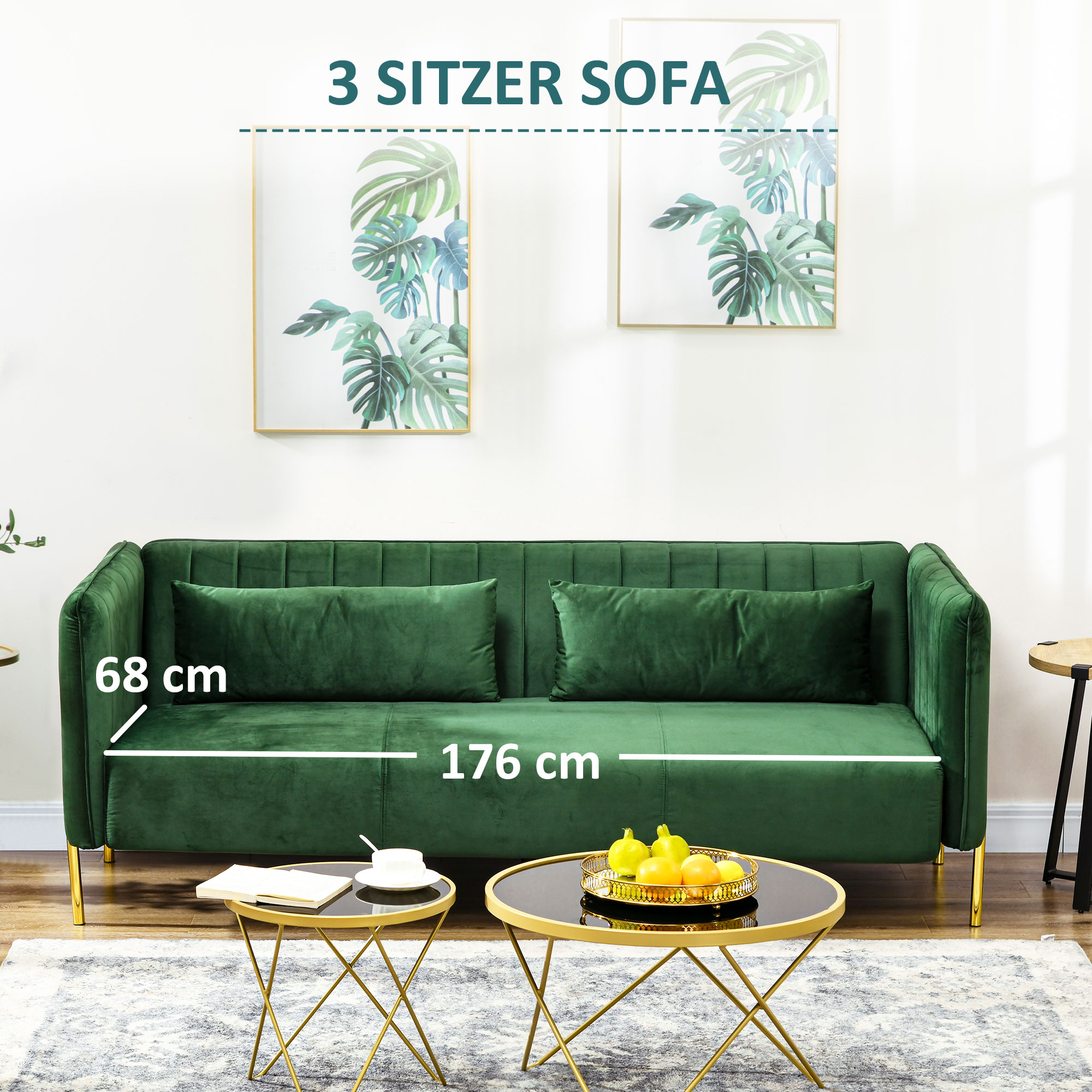3-zitsbank, inclusief 2 kussens, fluwelen look, retro design, afneembare hoes, 195 cm x 88 cm x 76 cm groen