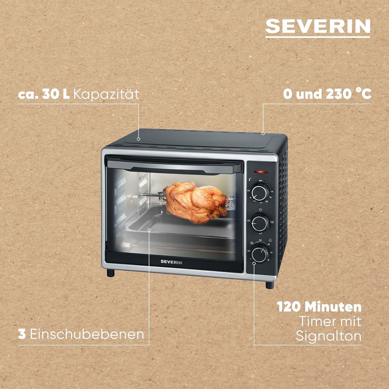 SEVERIN Back- und Toastofen mit Umluftfunktion, Mini Backofen mit Grillrost, Backblech, Drehspie und Pizzastein, vielseitiger Heiluftofen mit 42 L Kapazitt, 1.800 W, schwarz, TO 2058