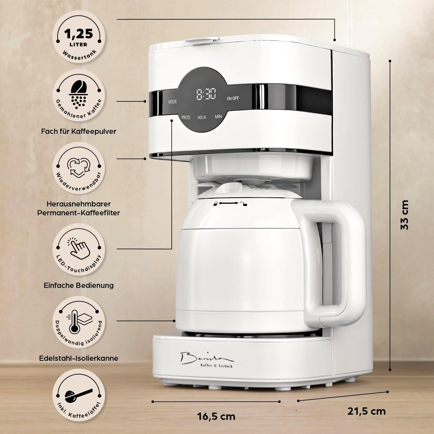 Barista filterkoffiezetapparaat met verstelbare molen & thermoskan | Warmhoudfunctie, 24-uurs timer & permanent filter | Voor 10 koppen koffie | Koffiezetapparaat voor bonen & poeder [roestvrij staal]