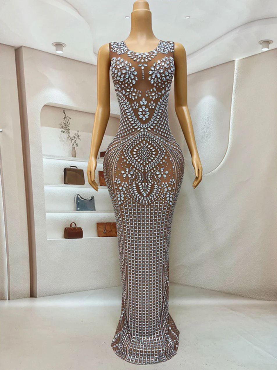Elegant Rhinestone Mesh Bodycon Maxi Evening Dress