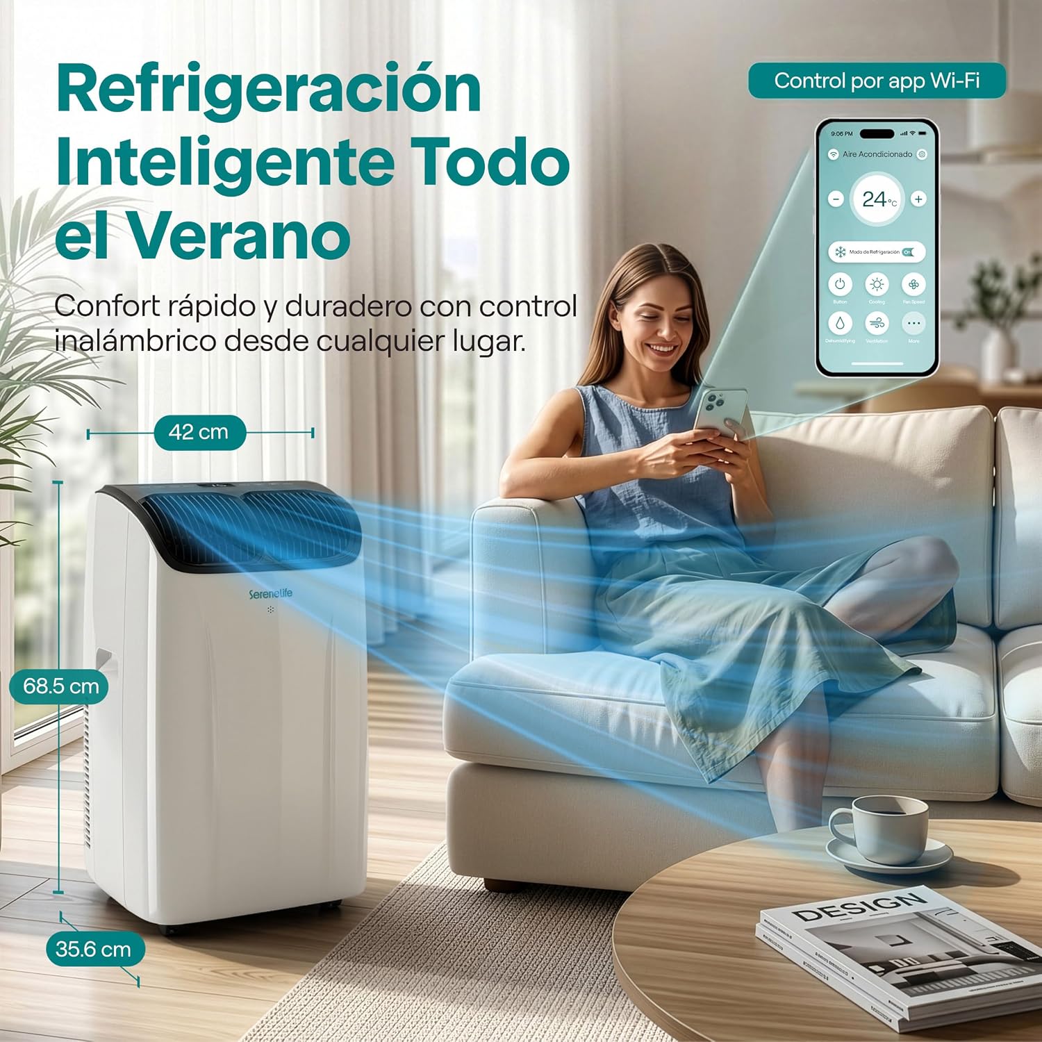 SereneLife Aire Acondicionado Portátil 14000 BTU con WiFi, Climatizador 3 en 1 Frío, Ventilación y Deshumidificador, Smart con Kit de Ventana, para Hogar y Oficina