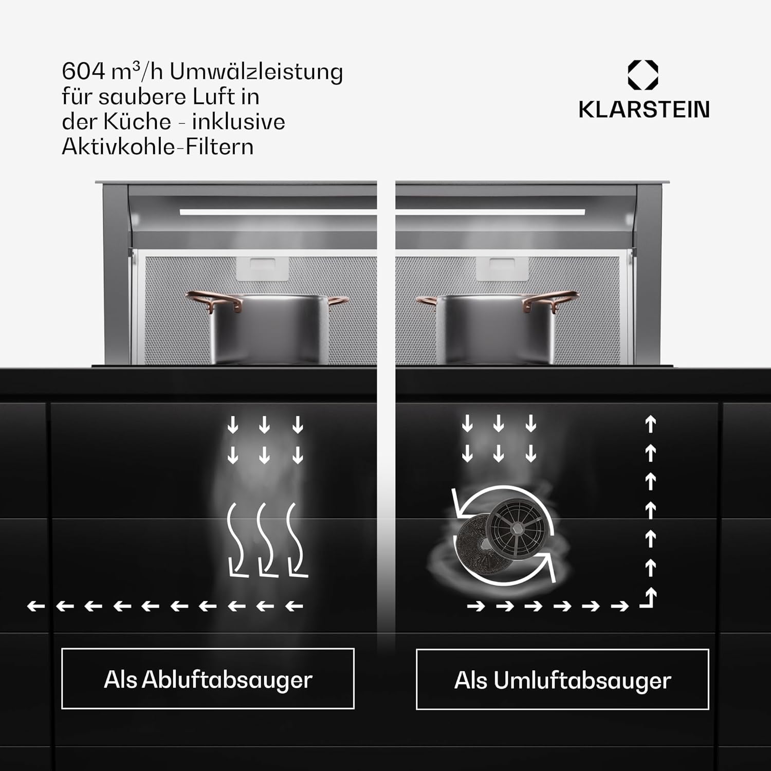 Klarstein Downdraft-Dunstabzugshaube, Versenkbare Abzugshaube, Leise Dunstabzugshauben mit Filter, Dunstabzugshaube 60cm, Umluft/Abluft Dunsthaube mit 10 Stufen, Dunstabzug 576 m³/h Luftstrom