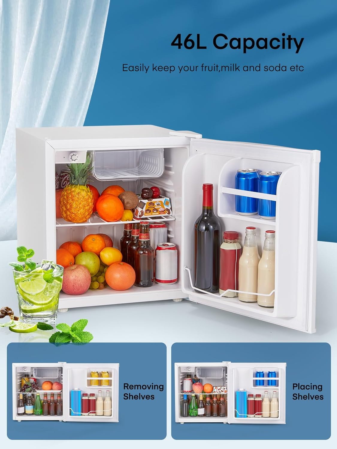 FOHERE Mini Frigo 46L, Mini Réfrigérateur Monoporte, Thermostat Réglable, Économie d'Énergie, Silencieux, Petit Frigo Top avec une Porte Réversible, Mini bar pour Chambre, Bureau, Hôtel
