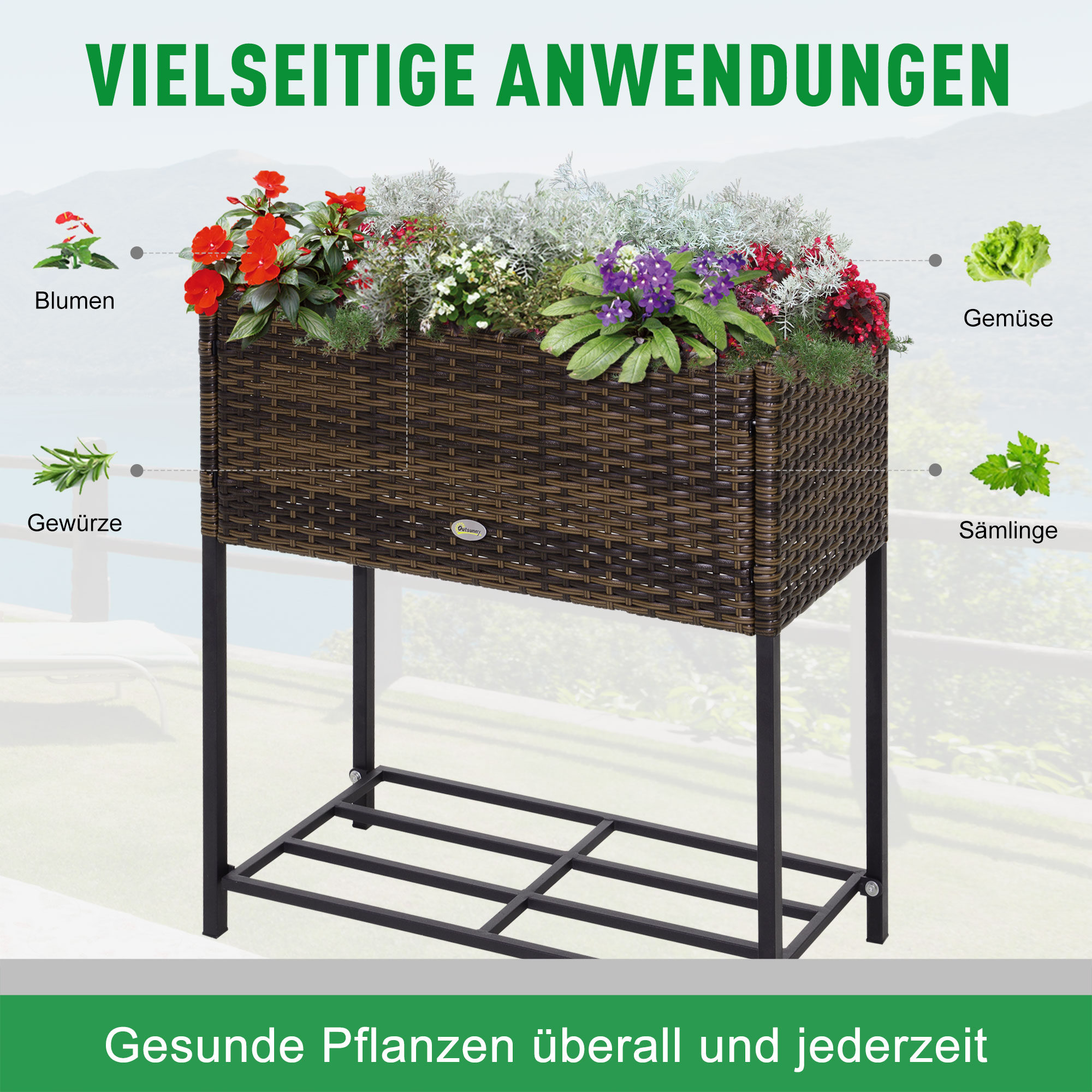 Outsunny Poly rotan bloembak met verhoogd bed en poten Bloempot met plank bruin 70 x 30 x 72 cm