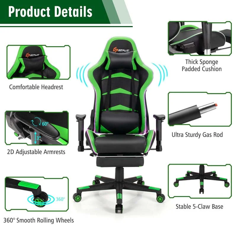 Led Massage Gaming Chair Height Adjustable Racing Computer Office Chair With Footrest Ergonomic High Back Pu Swivel Game Chair - Comfortable And Ergonomic Design