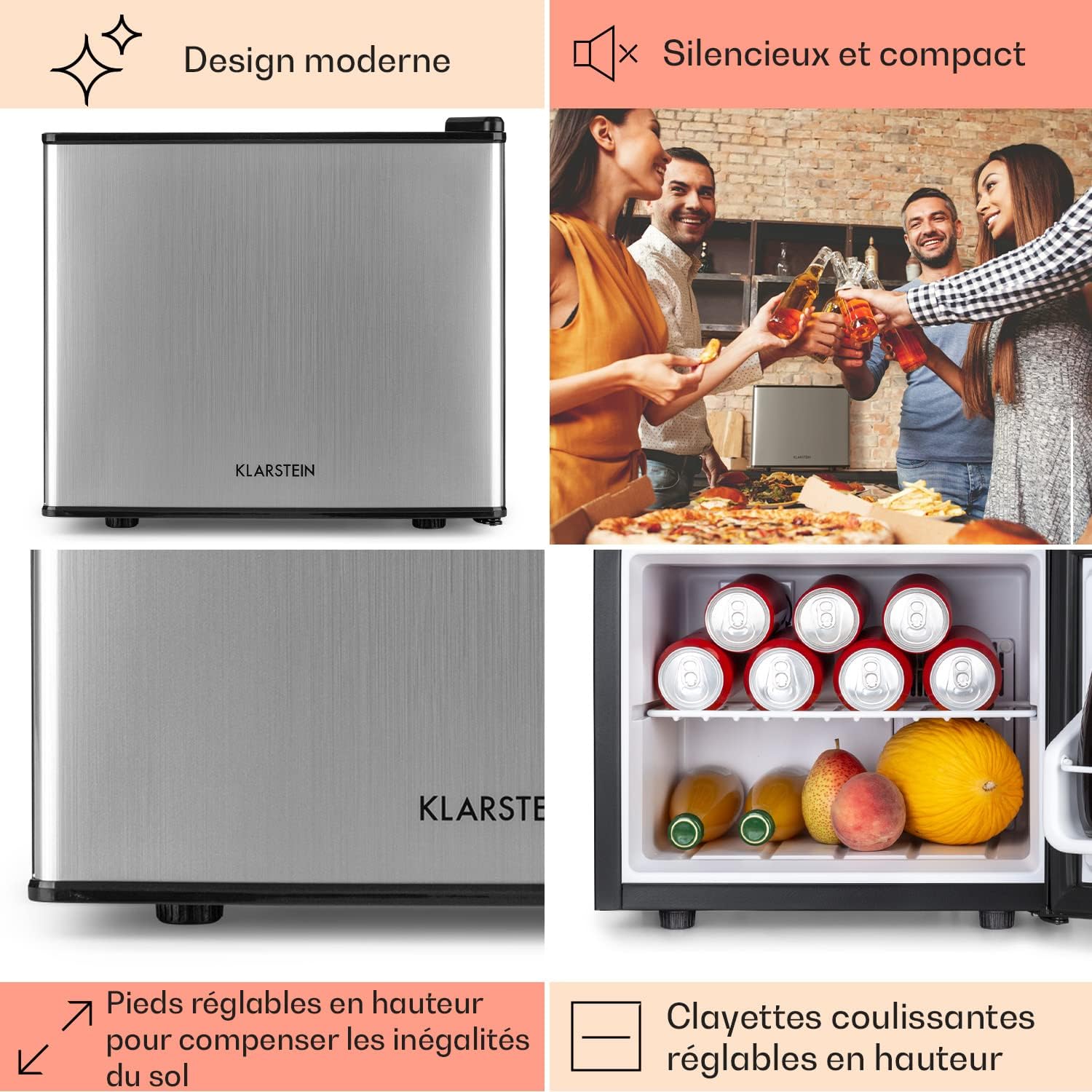 KLARSTEIN Mini Frigo de Chambre pour Boissons, Silencieux, Mini Bar Intérieur, Bières, Vins, Petit Refrigerateur Camping, 3 Niveaux de Refroidissement, Frigo Cosmetique, 0-15°C, 17L