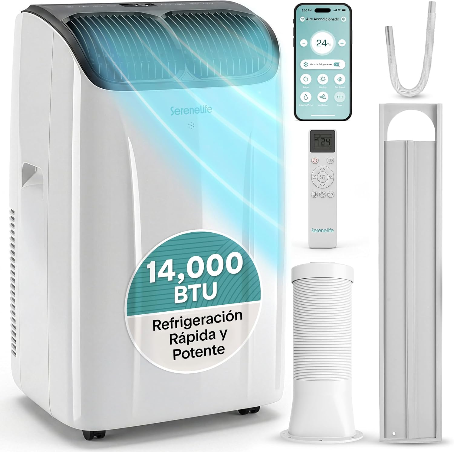 SereneLife Aire Acondicionado Portátil 14000 BTU con WiFi, Climatizador 3 en 1 Frío, Ventilación y Deshumidificador, Smart con Kit de Ventana, para Hogar y Oficina