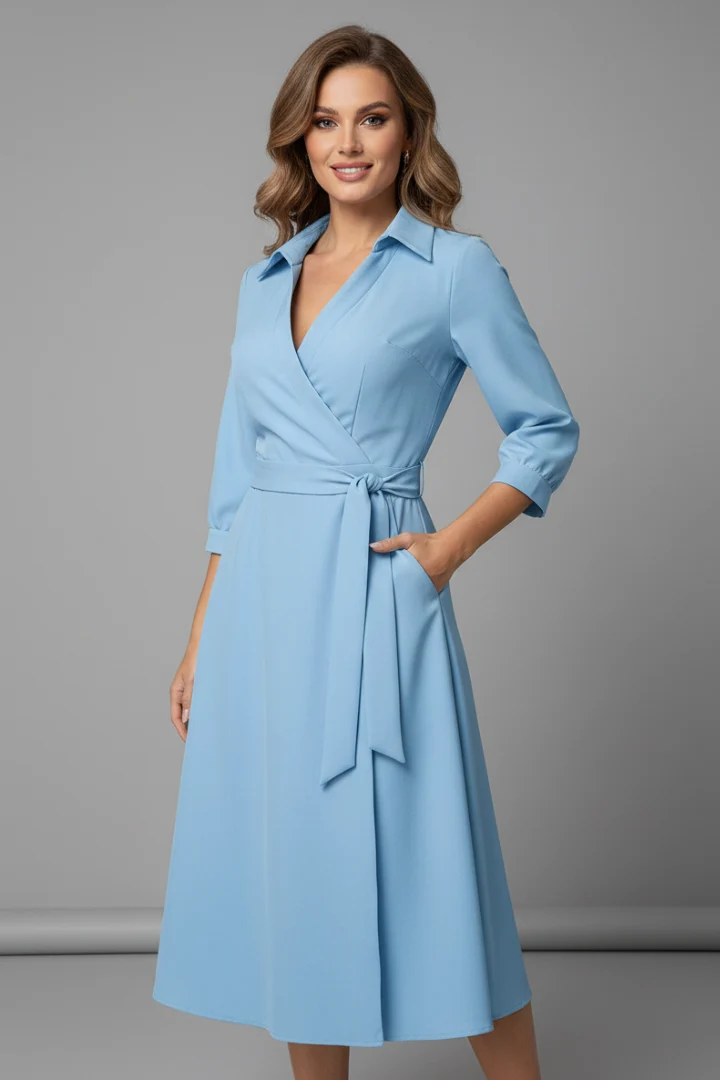 Damen Midi-Kleid mit V-Ausschnitt und Reverskragen | Langarm A-Linien Kleid mit Bindeg��rtel und Schlitz | Klassisches Midikleid