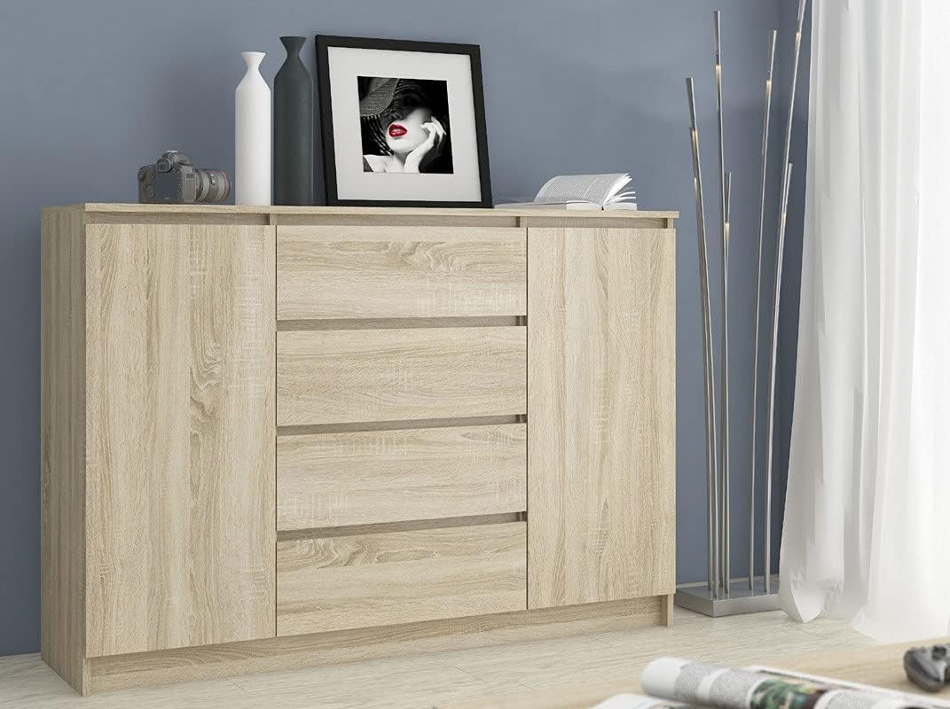 AKORD Kommode K 160 cm | 4 Schubladen und 2 Türen | für Wohnzimmer Schlafzimmer Schrank Wohnzimmer | Modernes Funktionelles Design | Schichtstoffplatte 16mm | Farbe Sonoma
