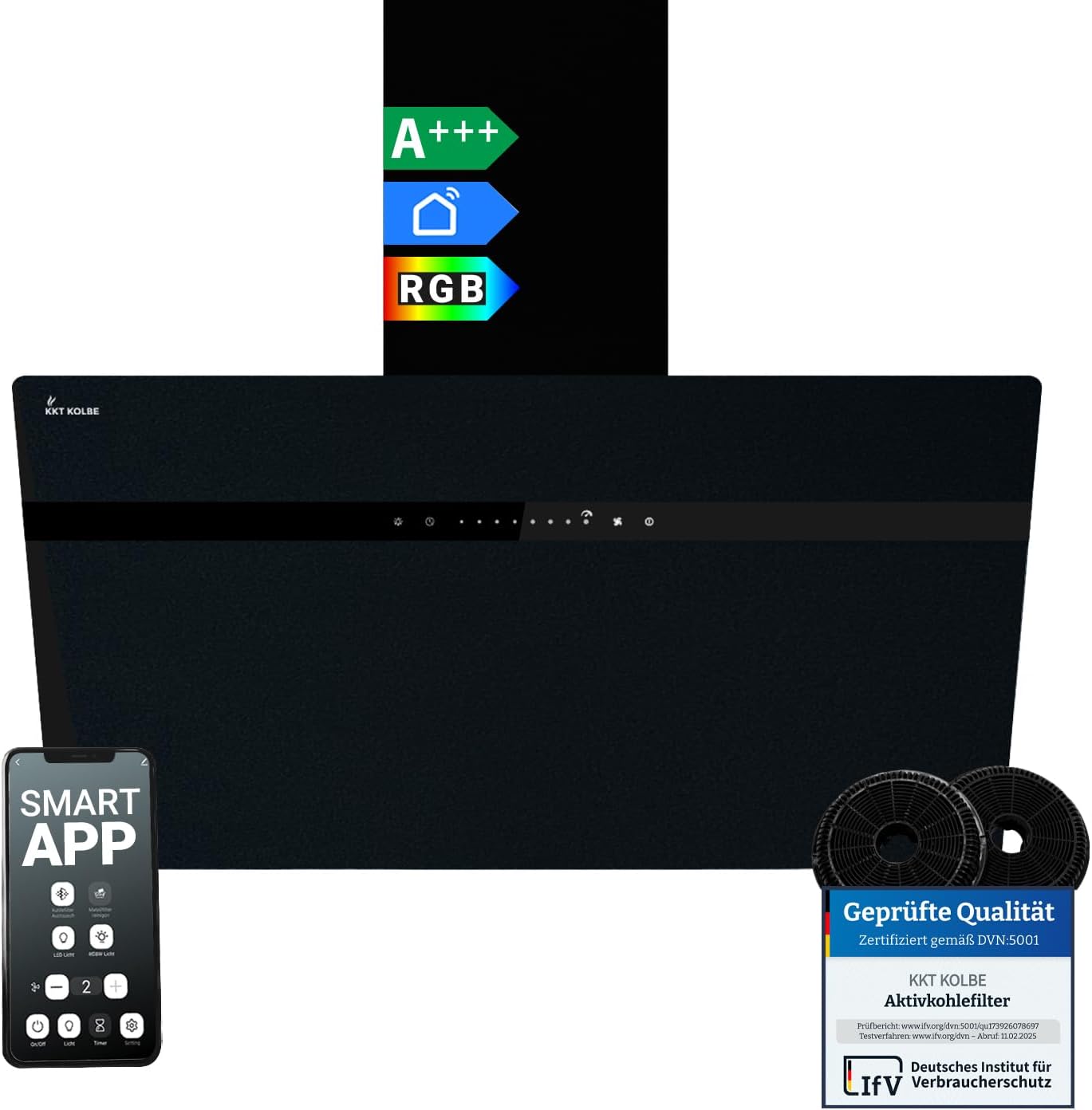 KKT KOLBE A+++ Dunstabzugshaube 80 cm 782 cbm/h Kopffreie Wandhaube Edelstahl schwarzes Glas WLAN RGBW-LED-Beleuchtung SensorTouch Bedienung STYLE8005SMAO