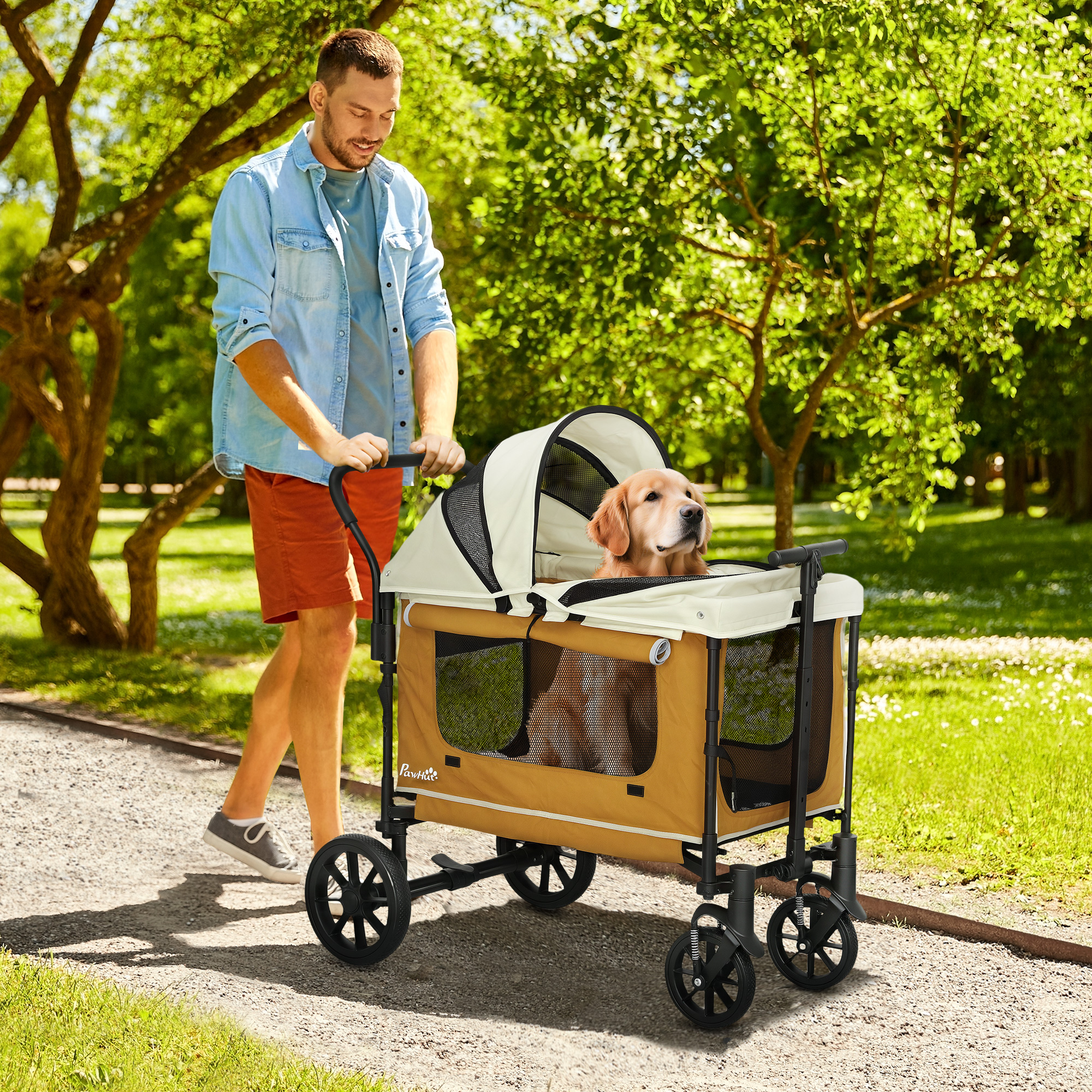 Opvouwbare honden- en kattenbuggy in bruin voor honden tot 30 kg - 110 x 65 x 102 cm