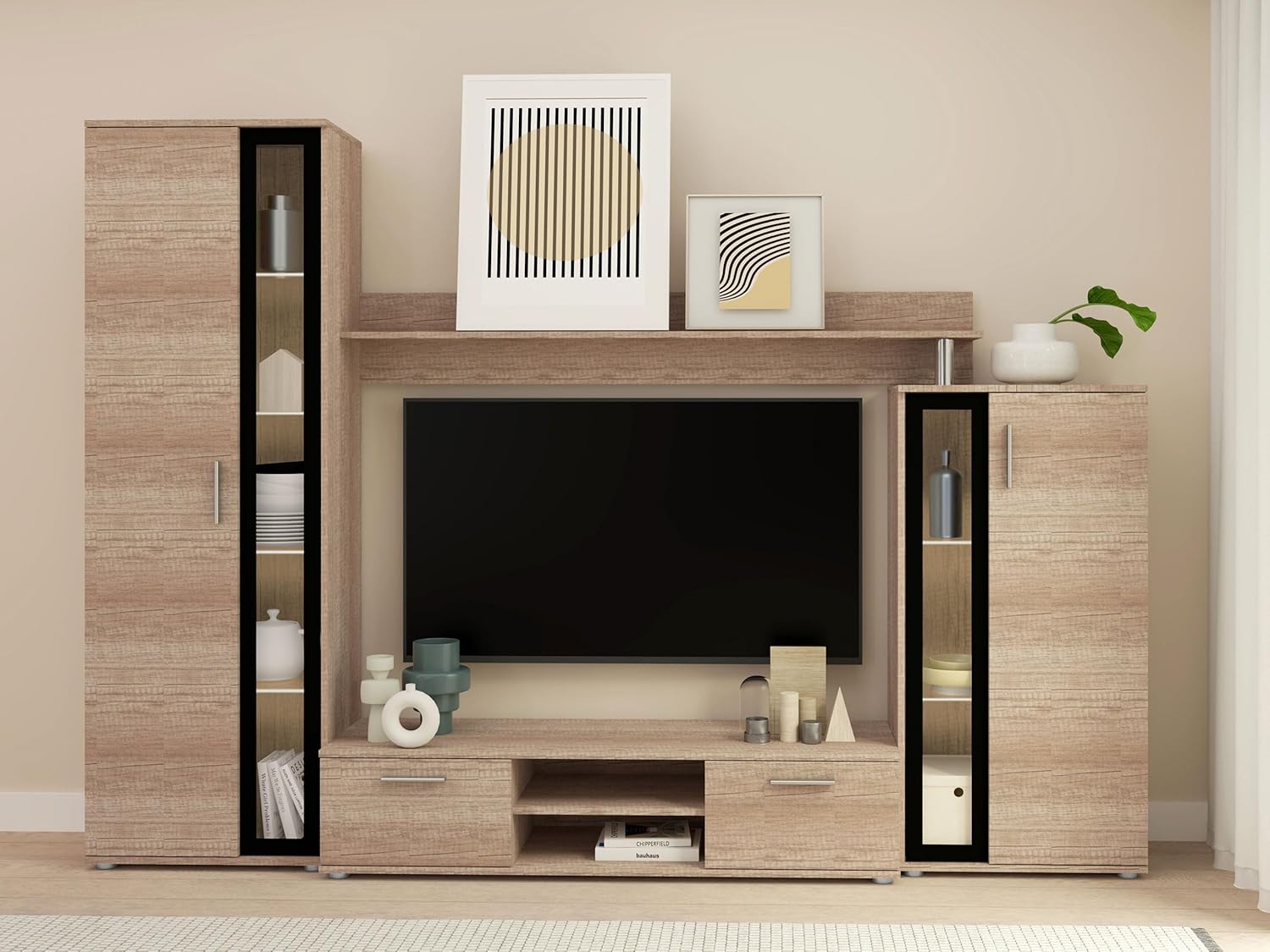 Mirjan24 Wohnwand Bentley, Praktische Anbauwand, Schrankwand, Mediawand, mit viel Stauraum, Top-Qualität (Country Oak Grey/Schwarz, mit LED Beleuchtung)