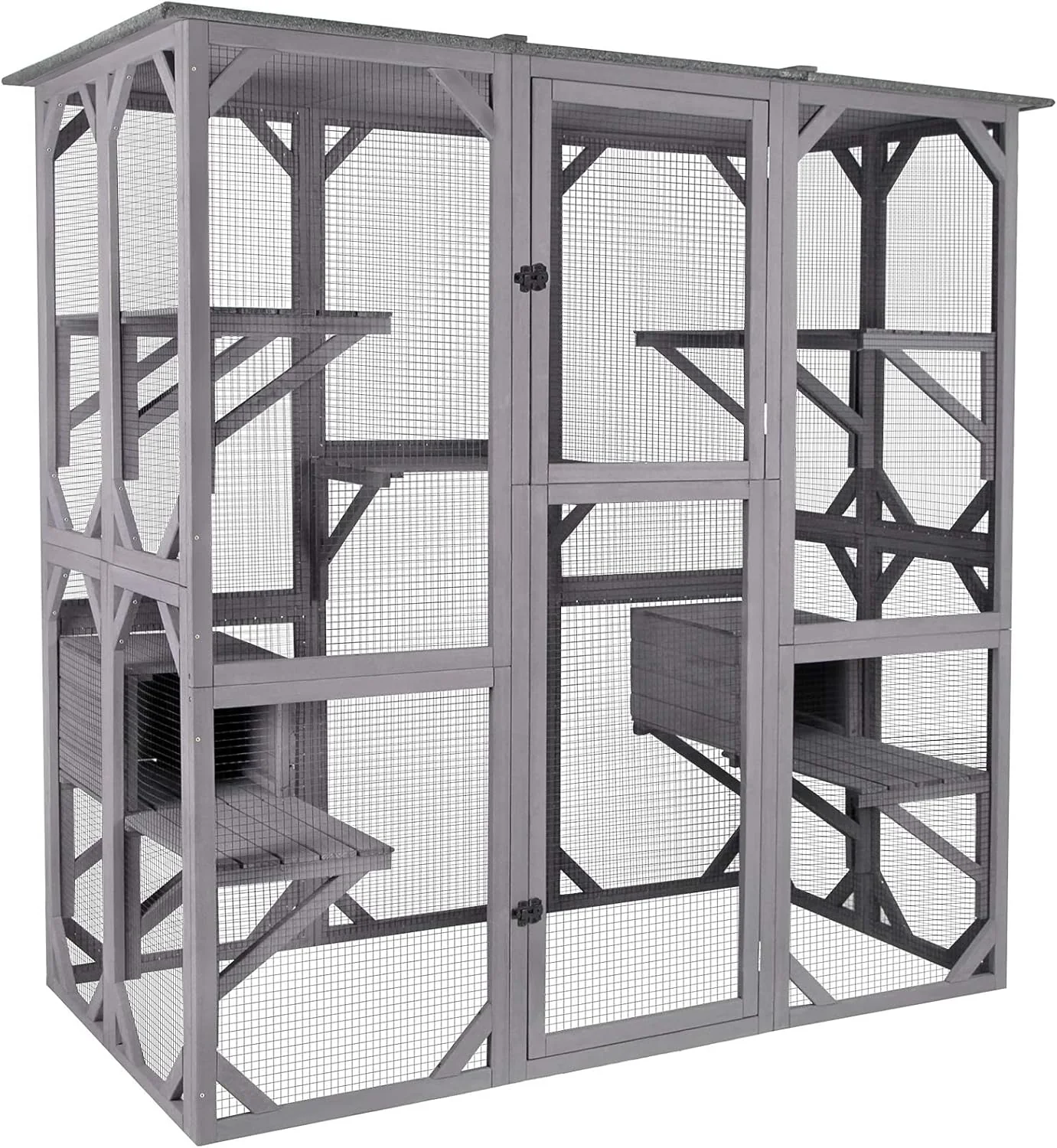 Kattenhuis Outdoor Catio Kitty Omheining met Super Grote Toegangsdeur, Houten Kattenkooi Condo Indoor Box met Platforms en Klein Huis